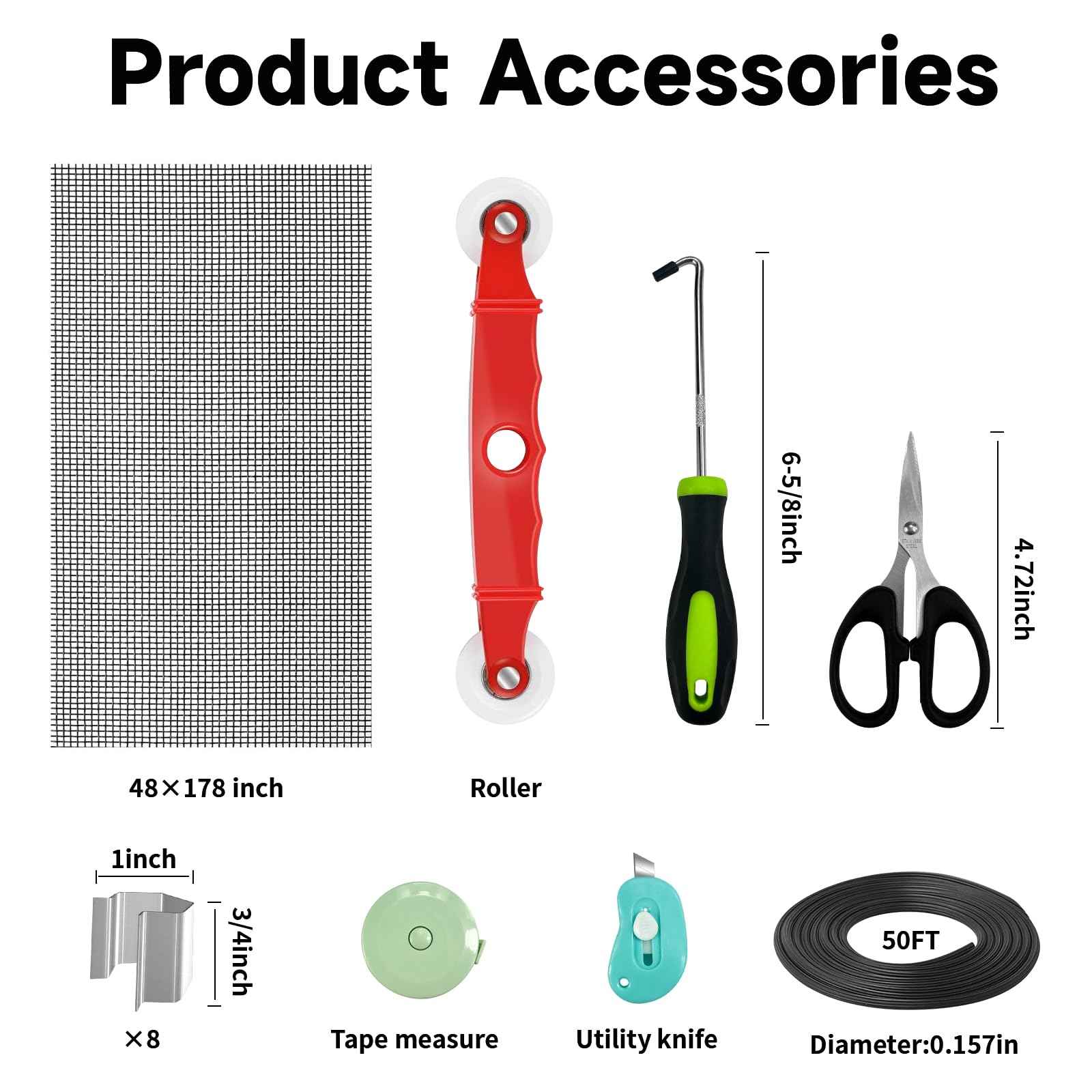 Window Screen Door Repair/Replacement Kit,48" x178" Adjustable Durable Fiberglass Window Screen Mesh,with Spline/Roller/Hook/Clips Screen Door Repair Kit,DIY Window,Porch Sliding Door(Black)