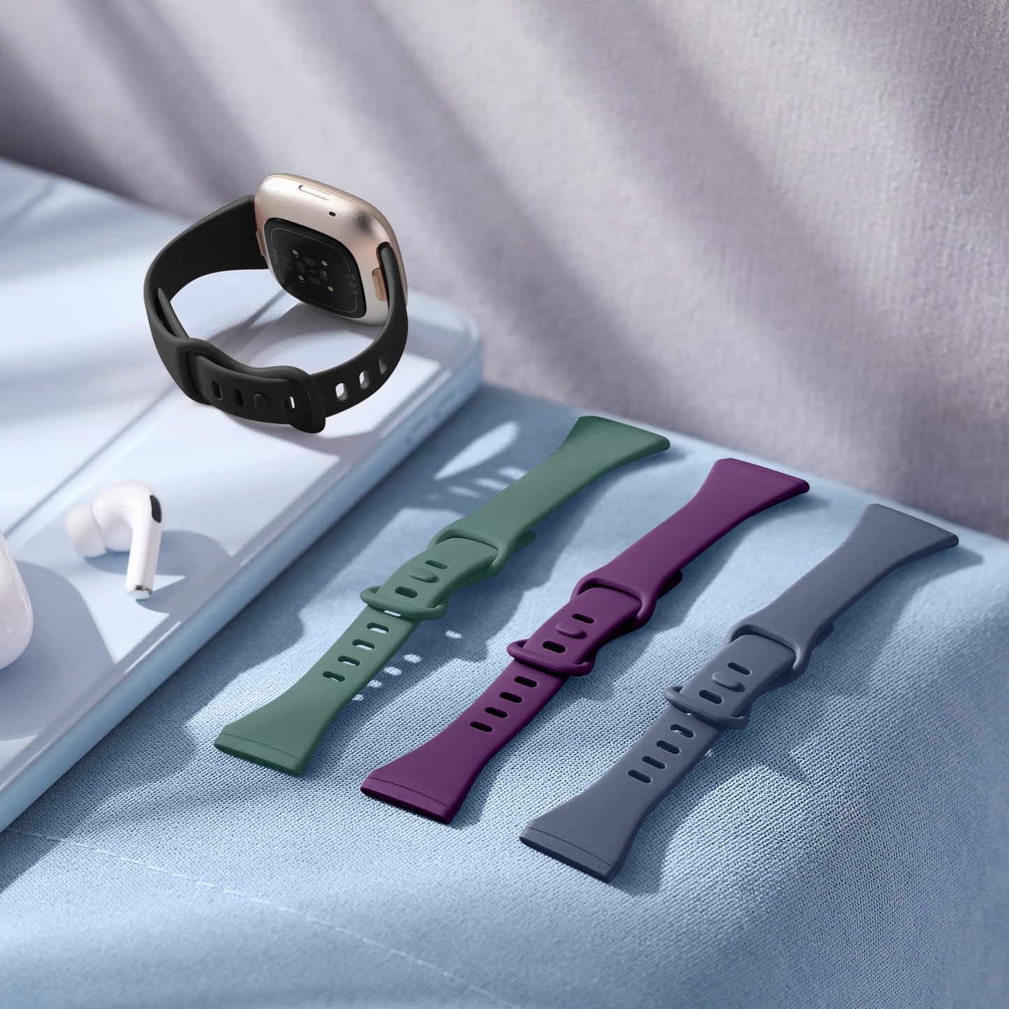 Getino Compatible with Fitbit Versa 3/ Versa 4 Bands/Sense/Sense 2 Bands Women, Sport Soft Accessories, Slim Band for Fitbit Versa 4/ Versa 3/ Sense 2/ Sense, Small Black/Plum/Bluegray/Pinegreen