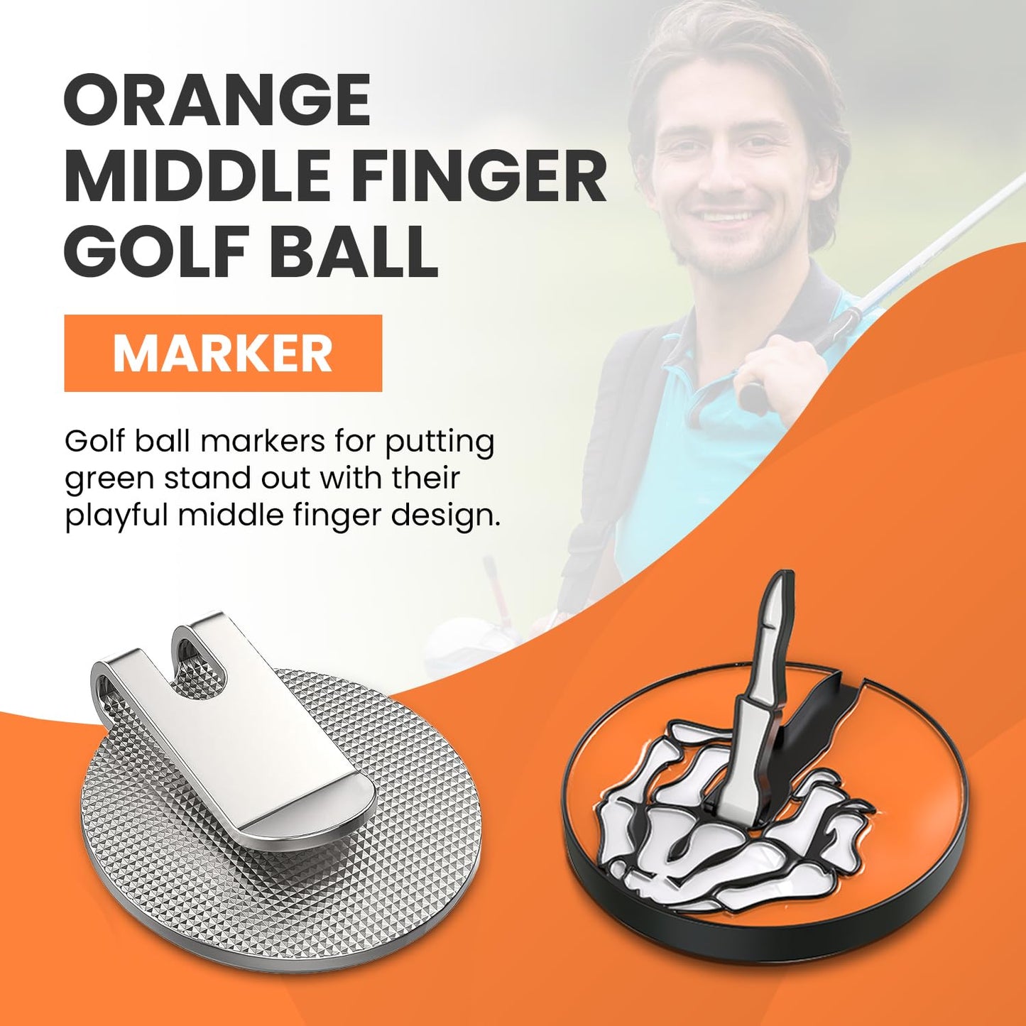 Syren Bone Skeleton Middle Finger Golf Ball Marker with Magnetic Hat Clip Alignment, Funny Golf Accessories Great Gift for Golf Lovers Golf Cap Premium Gifts Golf Enthusiasts (Orange Bone)