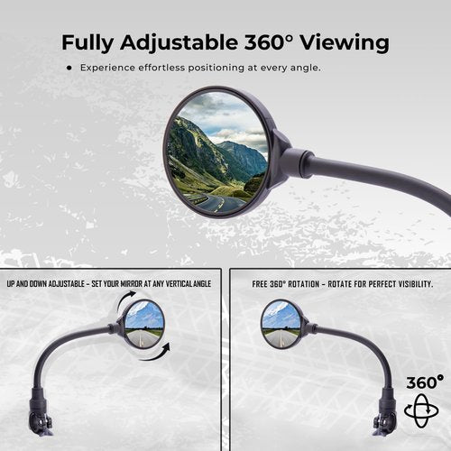 Bike Mirror Handlebar Mount (1 Pcs) 360° with 2 straps, Adjustable Bike Rear View Mirror with Anti-Glare, Shatterproof-mirrors for ebike, Scooter, Mountain & Road Bikes