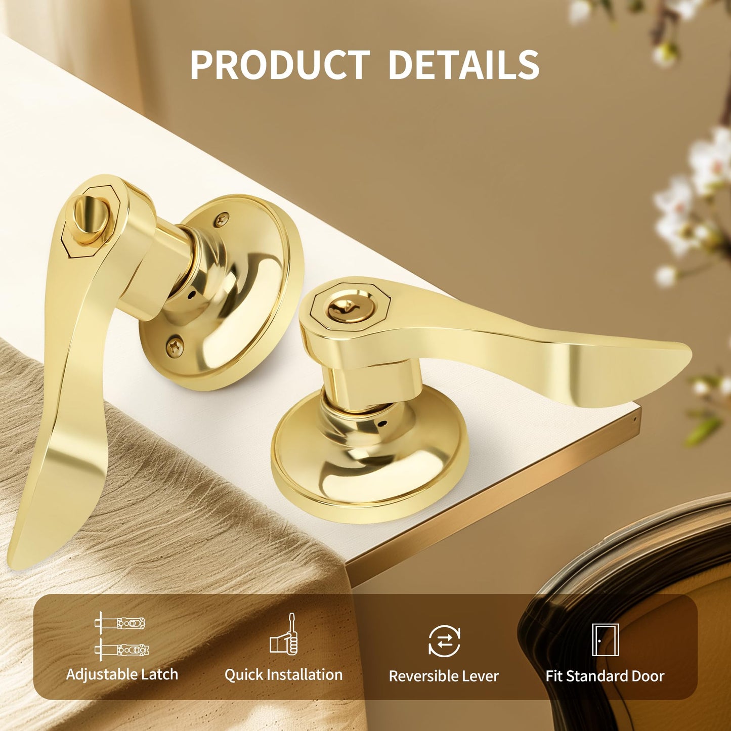 Moquin 5 Pack Wholesale Polished Brass Door Lever, Wave Design Keyed Entry Door Lever with Lock (Keyed-Not-Alike), Reversible Door Handle for Right/Left Side for Front/Entrance Door Lock