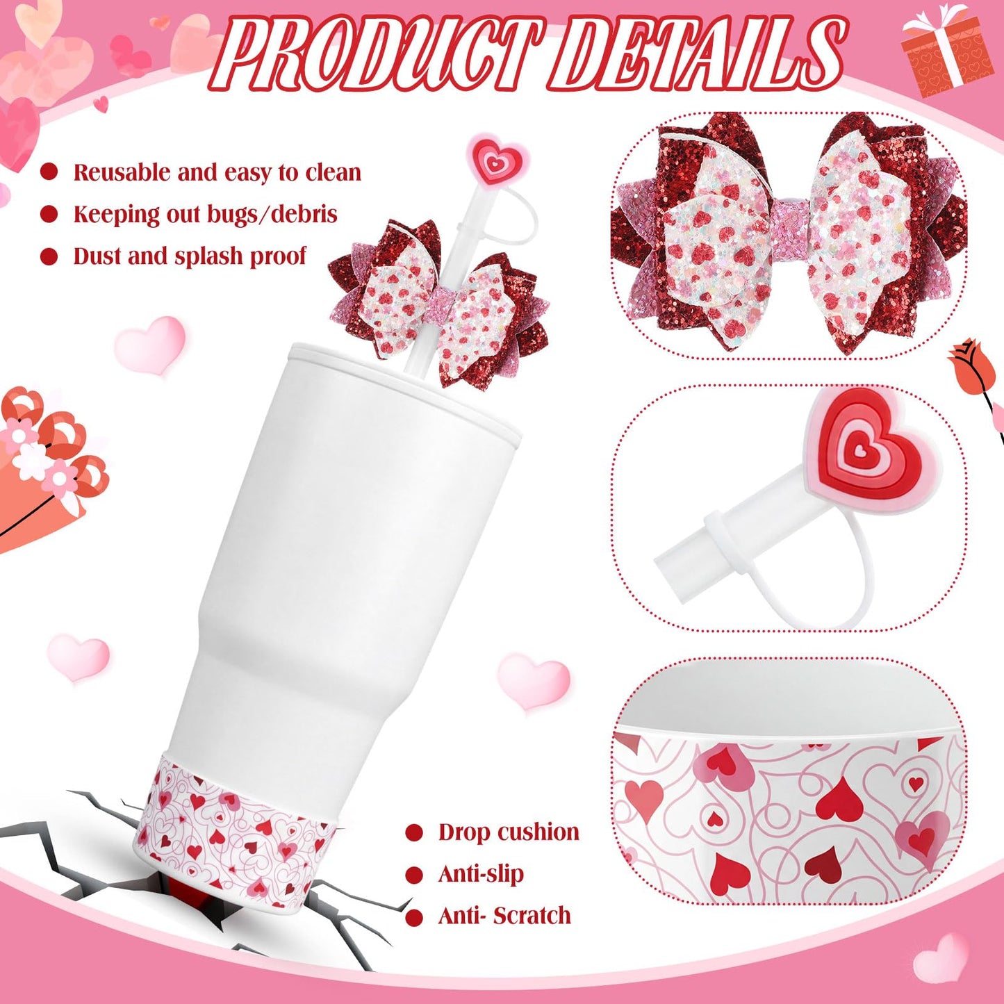 Yungyan 3 Pcs Mother's Day Cup Accessories Set Cup Accessories Heart Straw Cover Glitter Straw Bow Silicone Boot Mother's Gifts Women Gift Love Heart Tumbler Decorations
