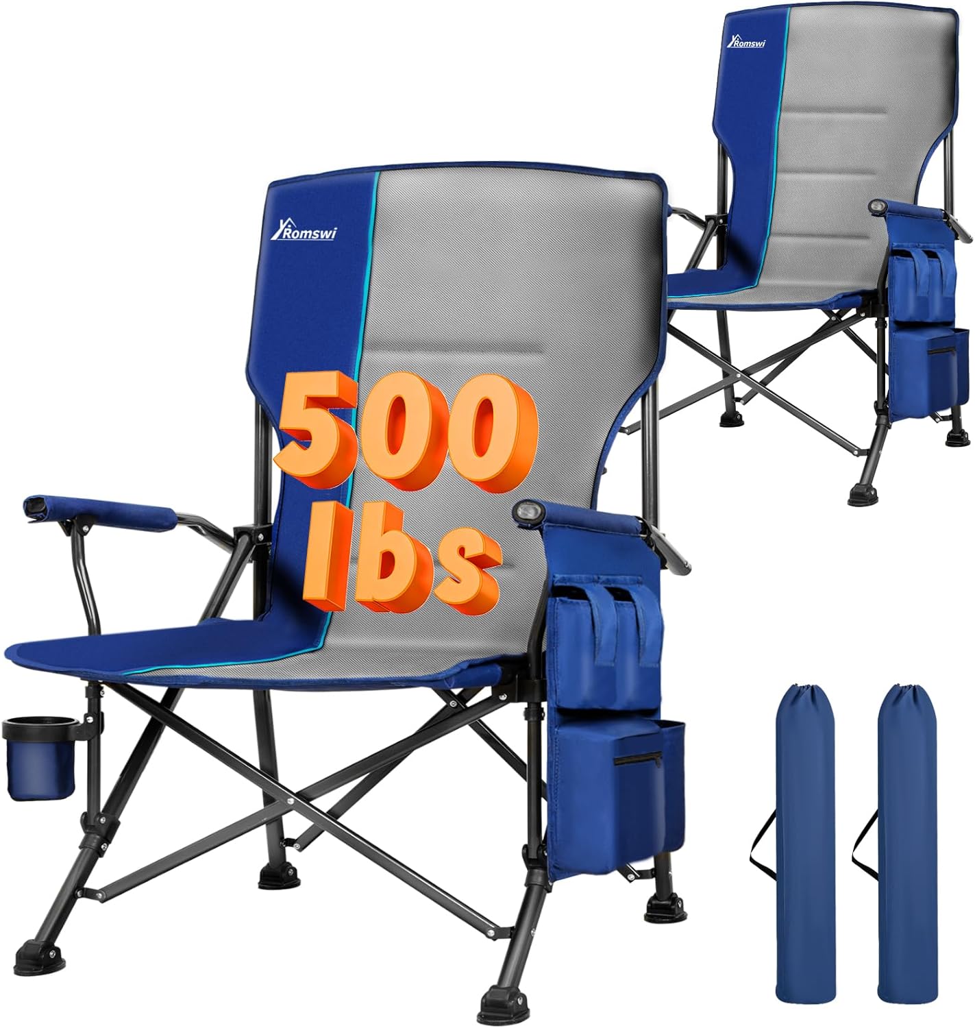 Romswi Heavy Duty Folding Camping Chairs - 500 LBS Capacity, Oversized with Cup Holder & Side Pocket | 2 Pack