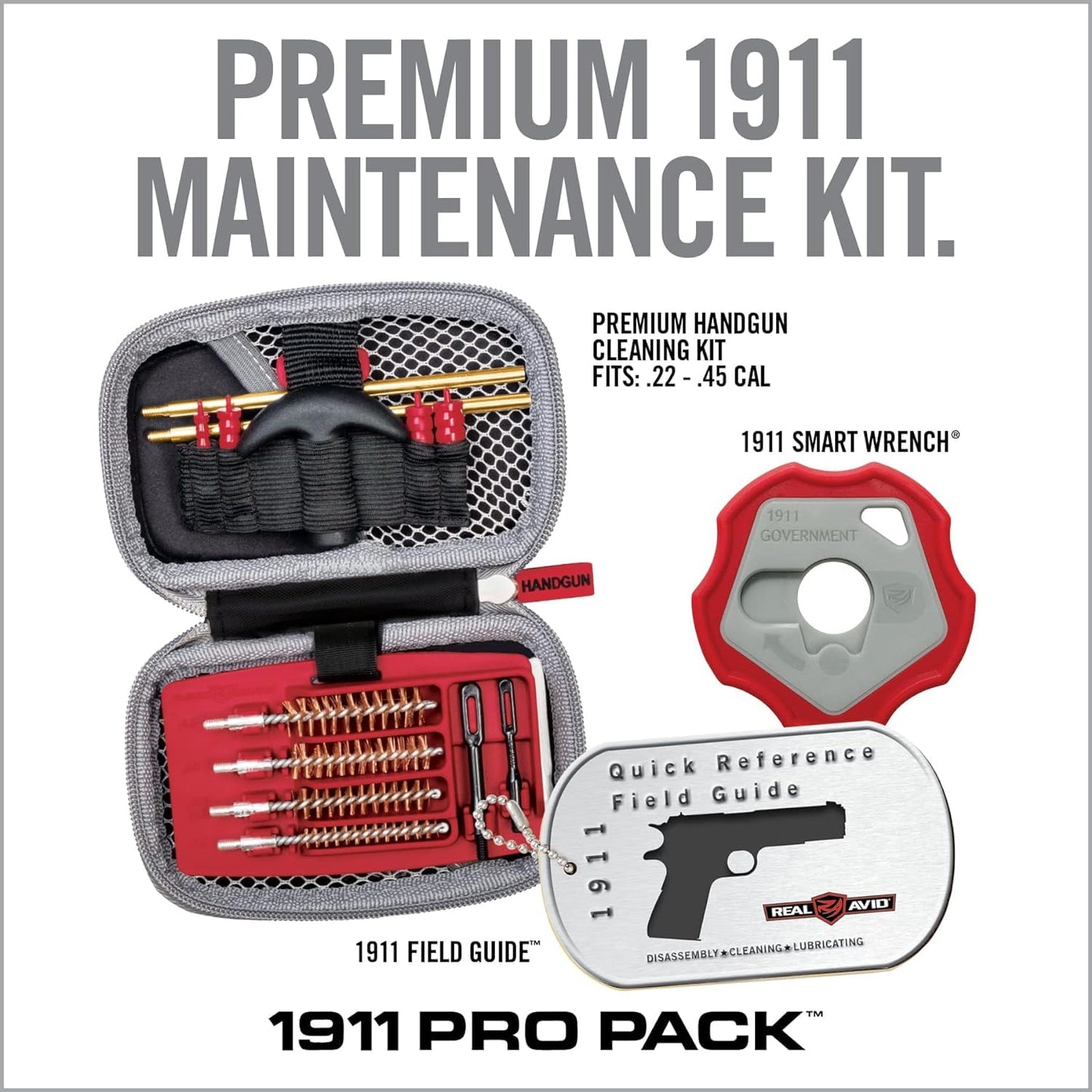 Real Avid Pistol Cleaning Kit 1911 Accessories | 1911 Bushing Wrench Takedown Tool 45 ACP Caliber 22 38 9MM 40 45 Cal Gun Tools & 1911 Field Guide | 9mm Cleaning Kit w/ Gun Cleaning Brush Rods Patches