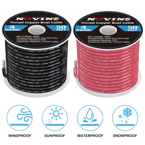 4 Gauge Marine Wire - Tinned Copper Electrical Cable for Boat & Automotive | 50FT Red & 50FT Black