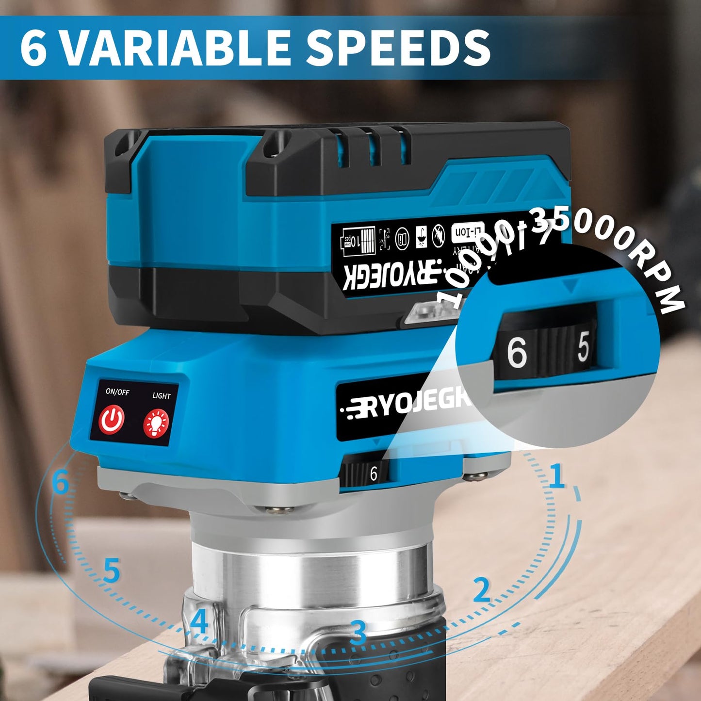 RYOJEGK Cordless Wood Router Tool,21V Brushless Palm Router with 2 x 4.0Ah Battery,Compact Trim Router 6-Speed with 20 PCS 1/4" Bits LED,Fresadora Para Madera for Woodworking Slotting & Edging