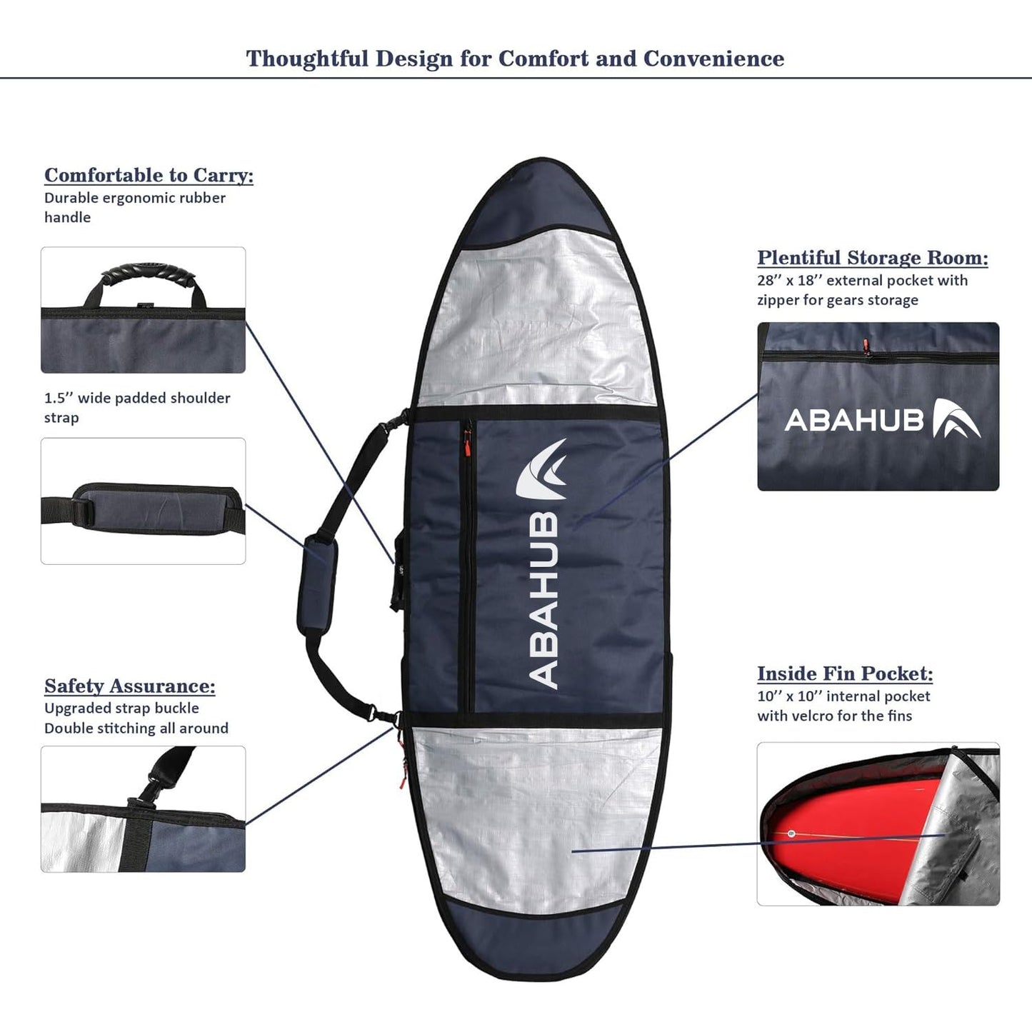 Abahub 6'0 x 22 Surfboard Travel Bag, Foam Padded Day Bag,DarkBlue