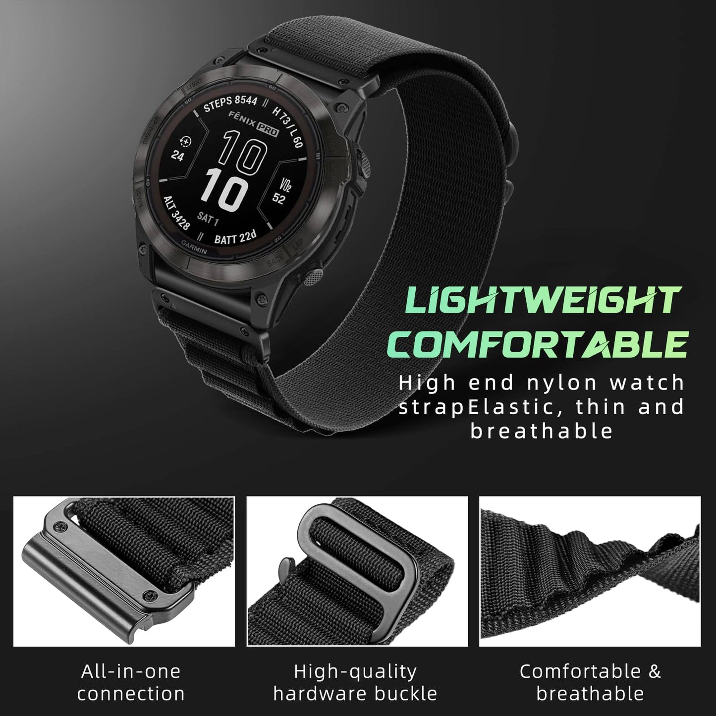 RoYiio Nylon Sport Band for Garmin Fēnix/Epix/Quatix/MARQ Series/Descent Series/D2 Series/Enduro/Tactix, Comfortable Breathable, Tough Replacement Strap with G-hook for QuickFit 22 mm - Black