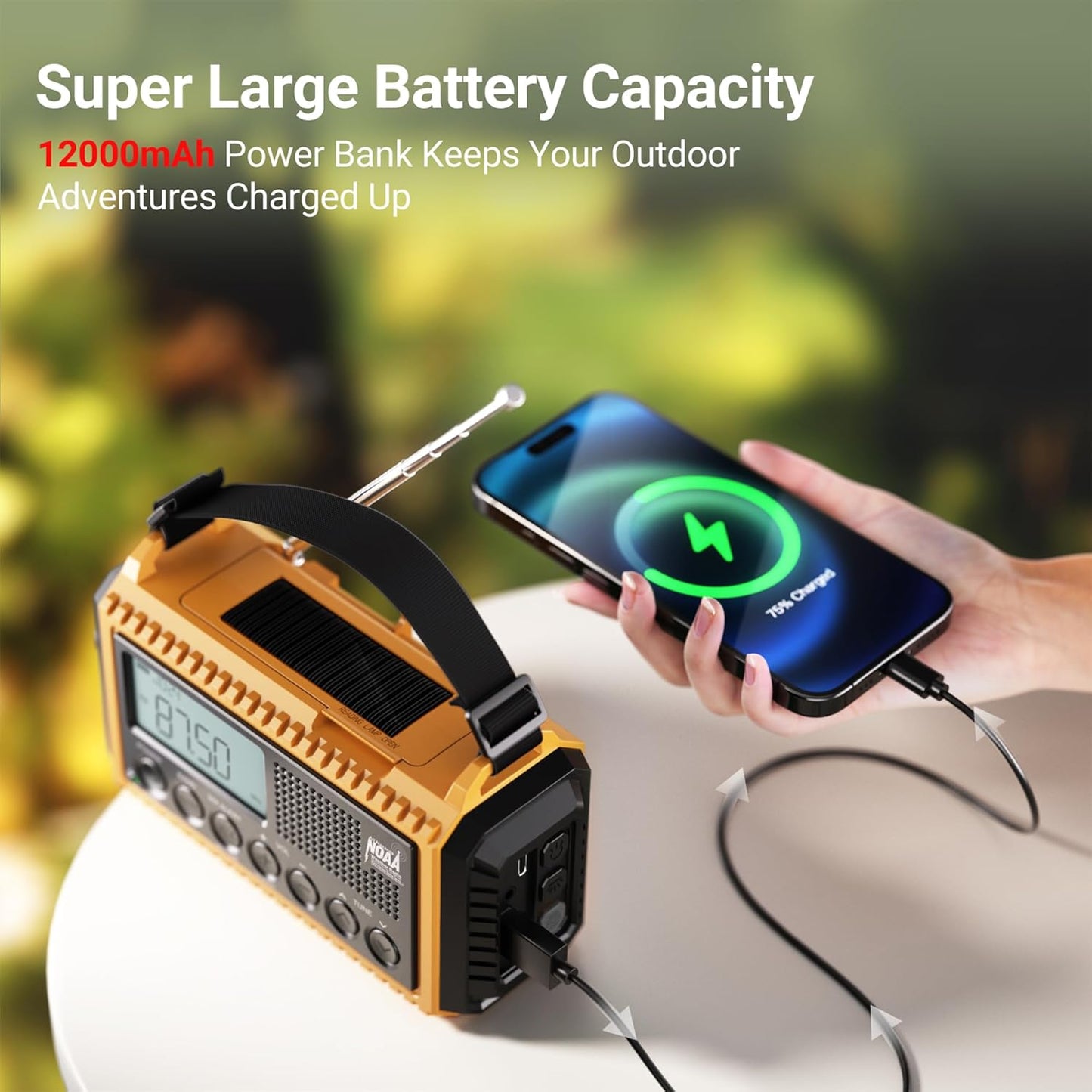 Mesqool 12000 Emergency Radio - NOAA/AM/FM/SW Weather Radio with Flashlight & Phone Charger | Portable Solar Power, Backlit LCD Display