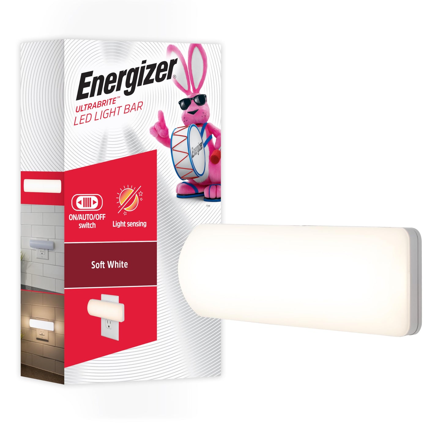 Energizer Ultrabrite LED Light Bar, 100 Lumens, 1 Pack, High/Low/Off Switch, Plug-in, Night Light, Ideal for Dark Spaces, Bedroom, Bathroom, Kitchen, Hallway, Basement White, 81573
