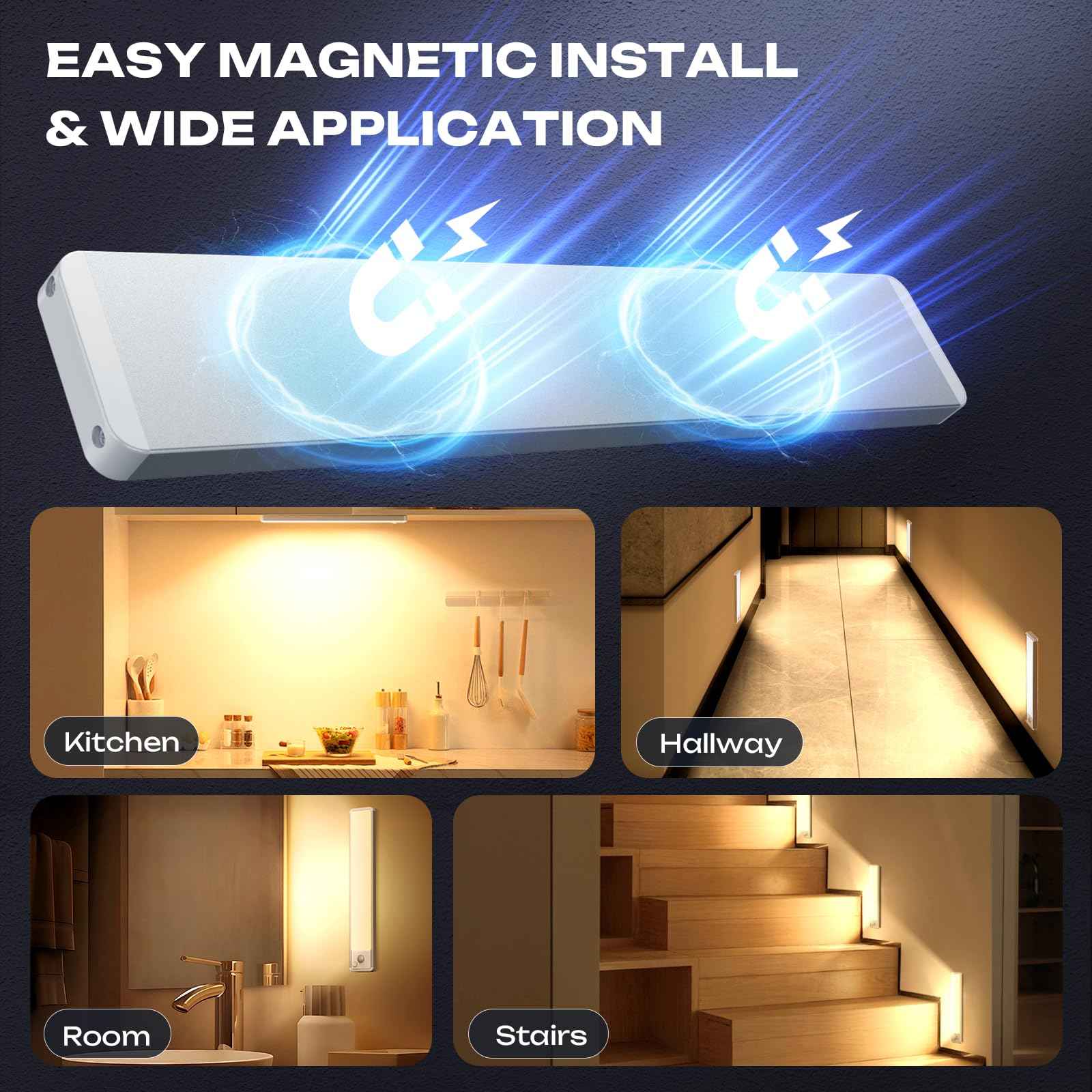 LUMIJOLI 2 Pack Under Cabinet Lighting Wireless 10inch LED Motion Sensor Magnetic Light 2200maAh Rechargeable Indoor Closet Lights for Kitchen, Stairs Warm White