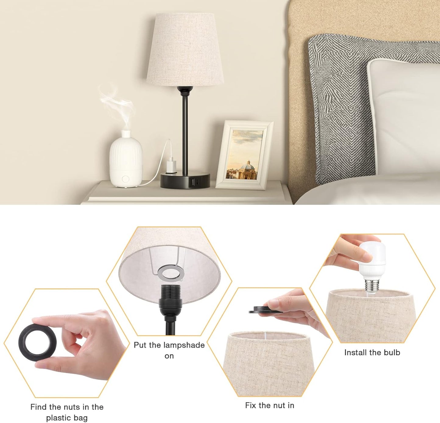 Set of 2 Mini Bedside Lamps with USB-C & AC Outlet - Dimmable Touch Nightstand Lights for Bedrooms