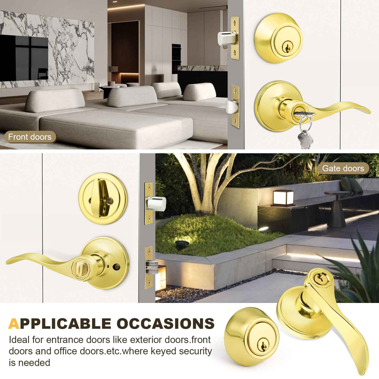 Brotima 3 Pack Keyed Alike Lever Set with Single Cylinder Deadbolt, Reversible Wave Style Polished Brass Lockset, Lever Door Handle with Key and Lock for Bedroom, Front Door