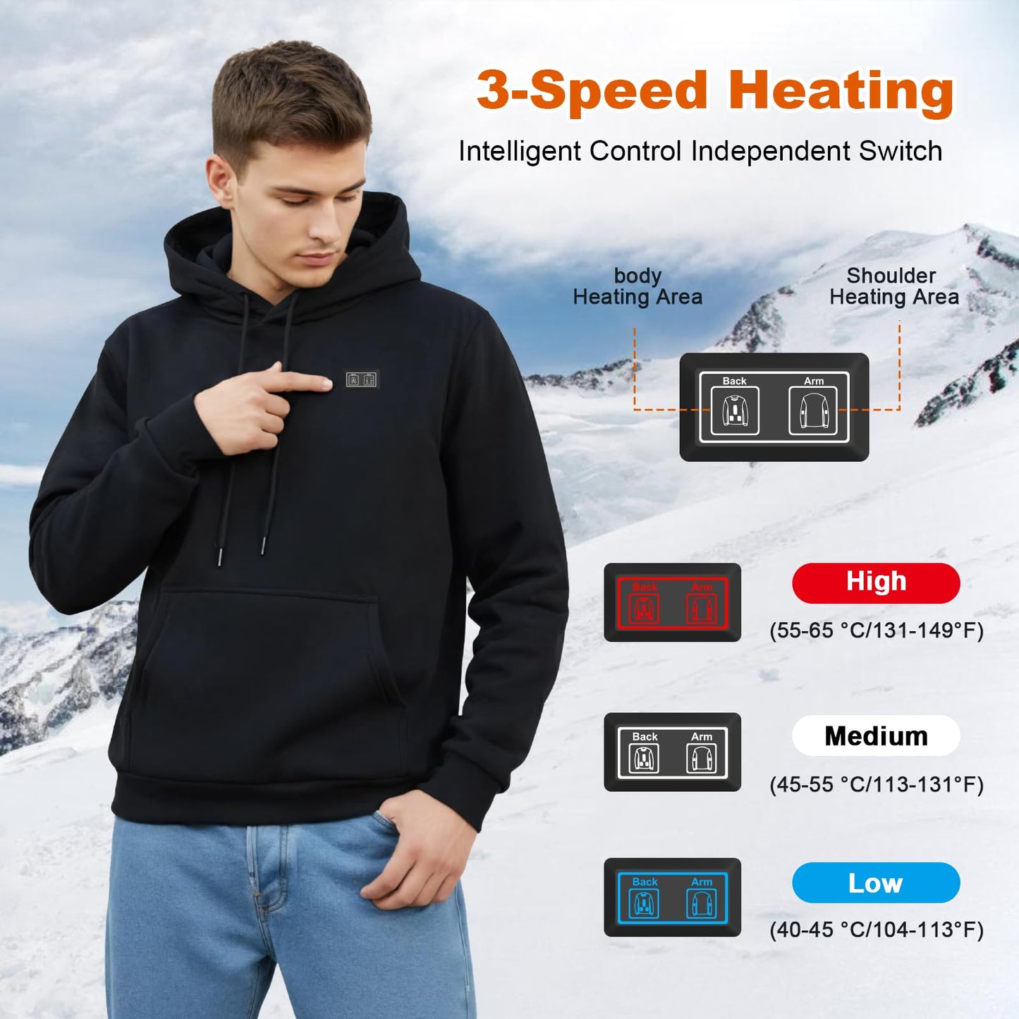 Brimekey Pullover Heated Hoodie for Men Women with 7.4V 20000mAh Battery Pack, Fleece Lining Unisex Heated Sweatshirt, 6 Heating Zones & 3 Temperature Settings Winter Outdoor Electric Hoodies Black