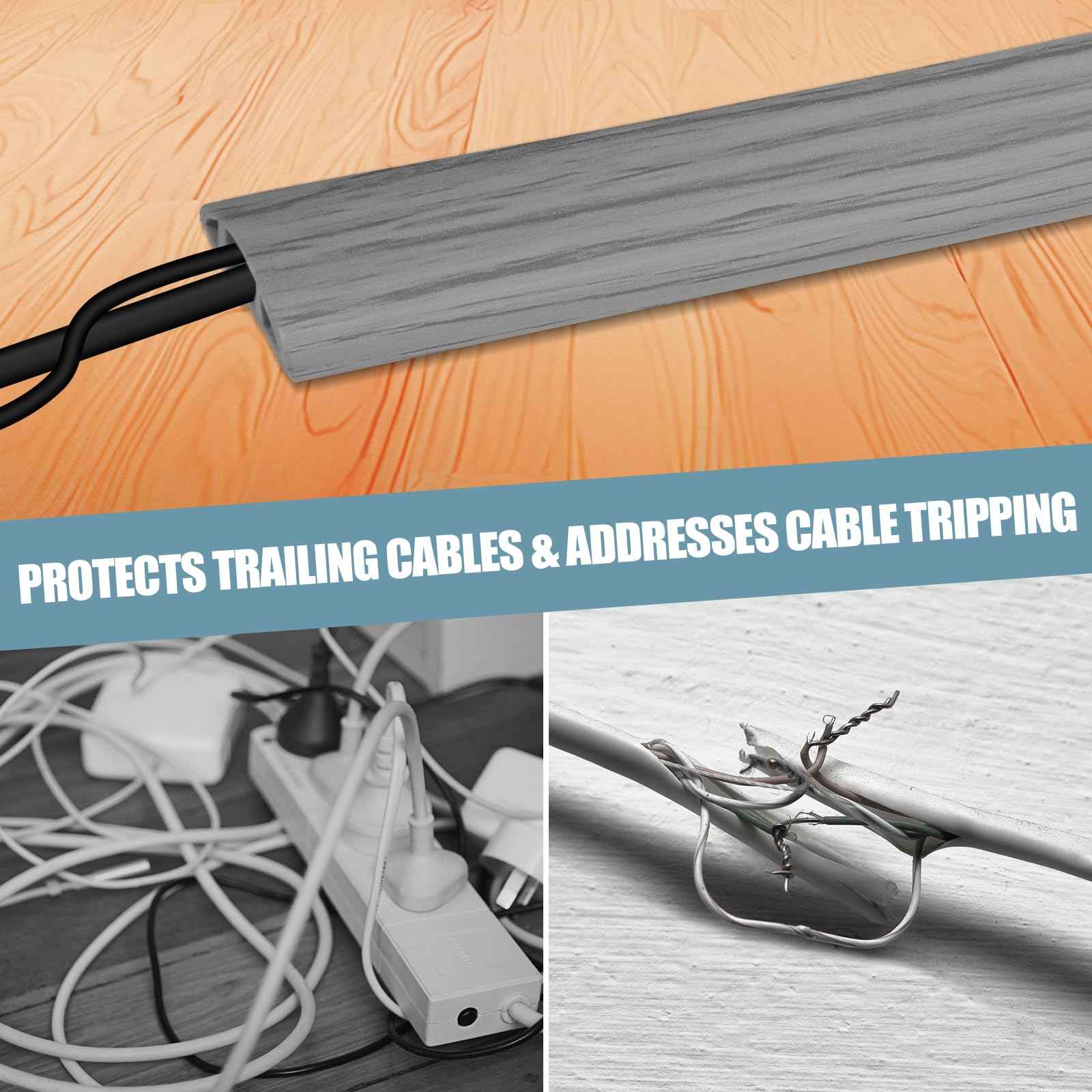 Floor Cord Cover Self Adhesive Cord Hider,10FT Cable Management, Extension Strip Protector for Wires, Prevent Cable Trips for Offices, Gyms, Exhibitions Cavity:0.51"(W) x 0.3"(H) Gray Wood