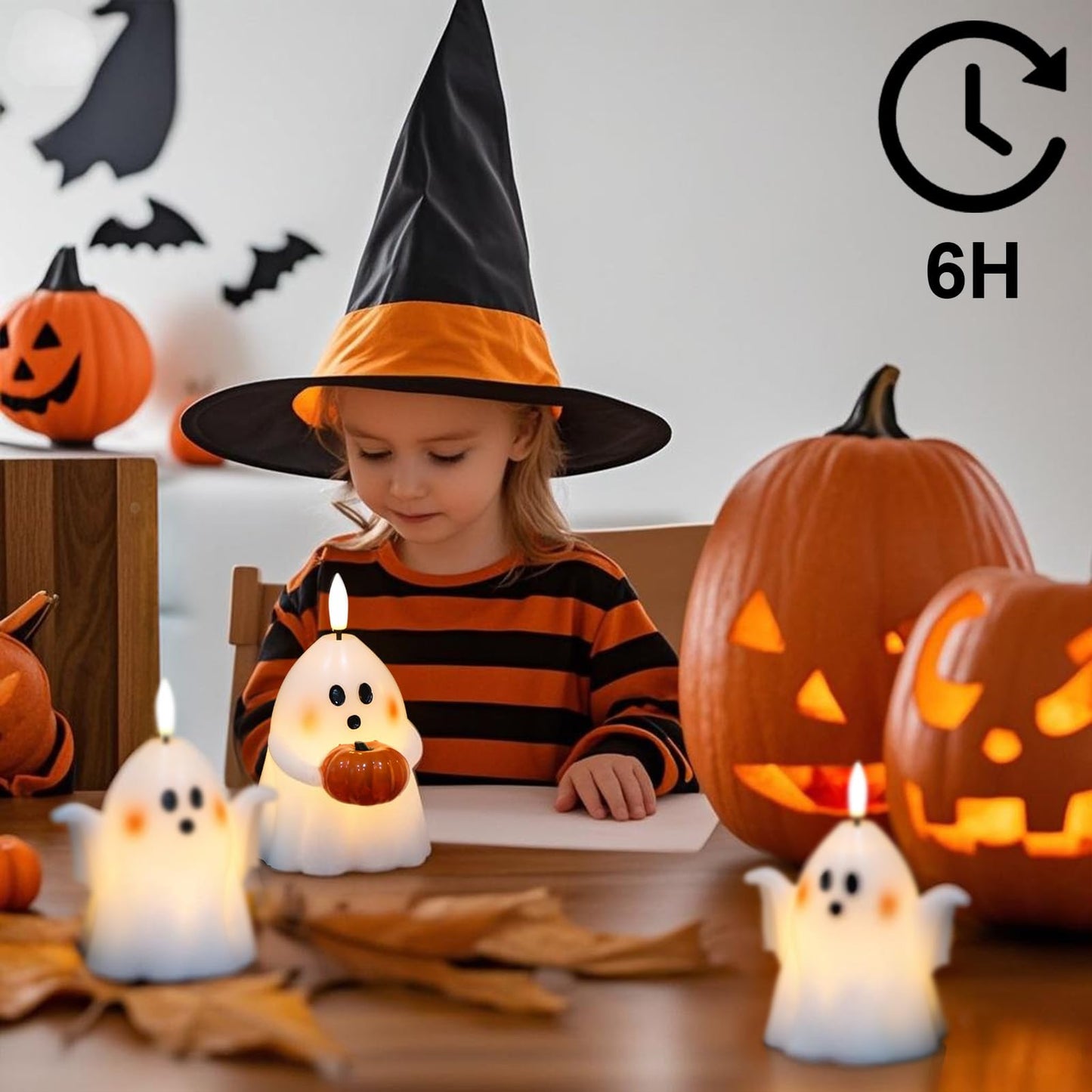 Wondise Halloween Flameless Candles with 6hrs Timer Spooky Ghost, Battery Operated Candles Halloween 3D Flickering Wick Real Wax 2 Packs Halloween Candles for Halloween Decoration Gift （D 3.5" x H 5"