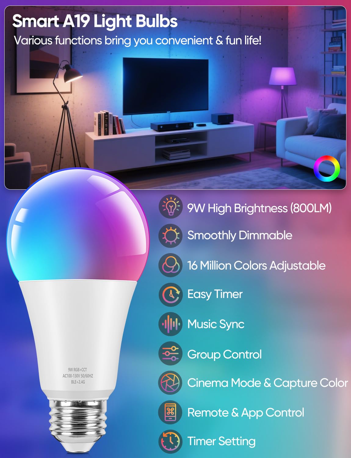 Brightever Smart A19 LED Light Bulbs, 60W Equivalent 800LM Color Changing E26 9W Bluetooth Light Bulbs with Remote Control, 16 Million DIY Colors RGBWW, Music Sync, 2-Pack
