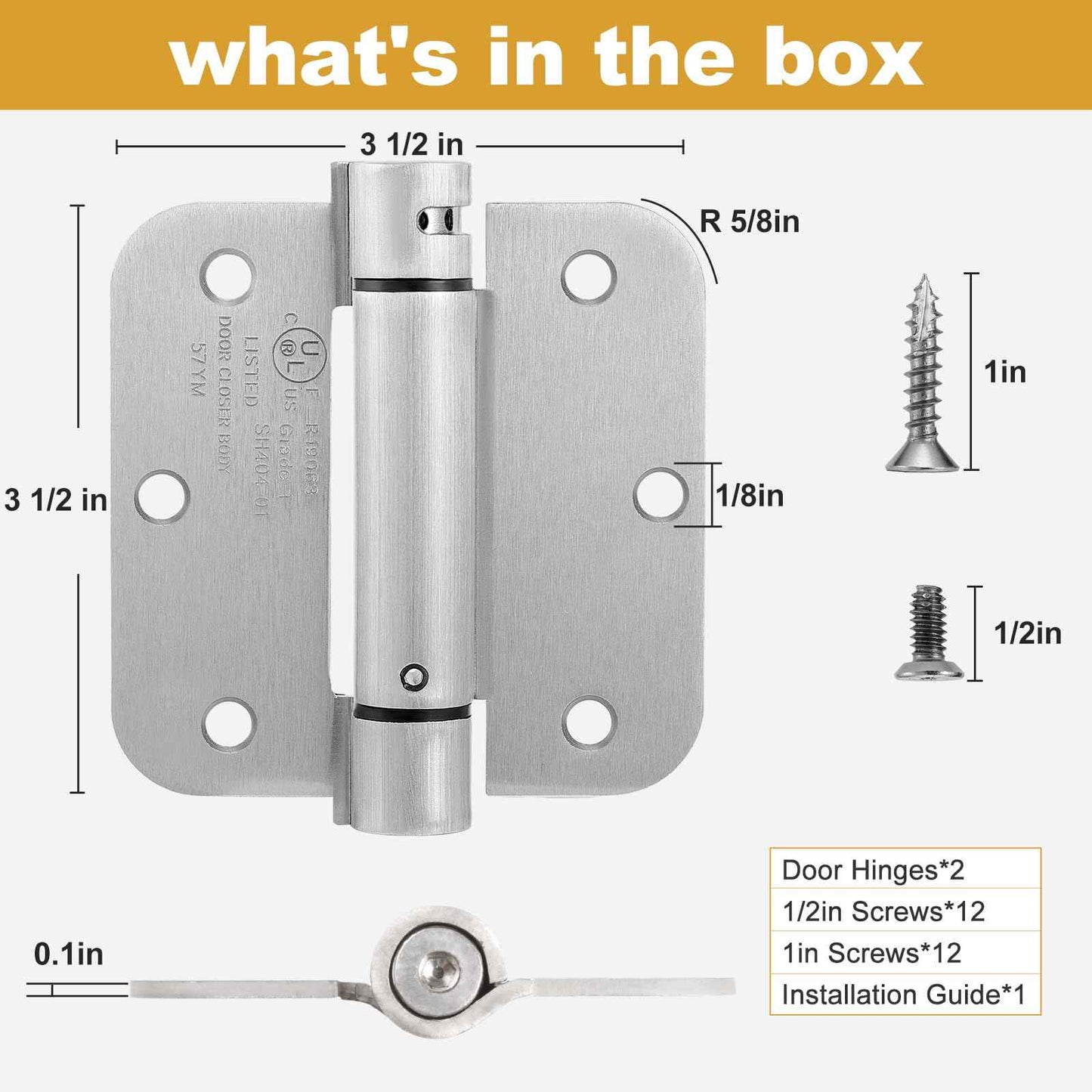 2 Pack | Self Closing Door Hinges 3.5”×3.5”, HBL' Automatic Door Closer Hinges with 5/8" Radius Corners, Adjustable Spring Door Hinge for Home, Garage & Basement Doors.