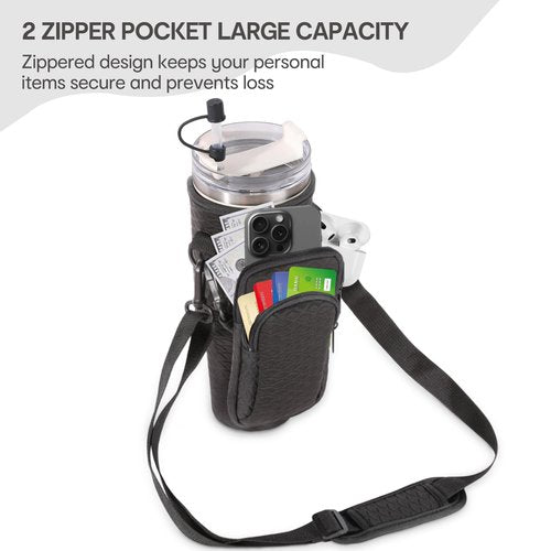 &And Per Se Neoprene Water Bottle Carrier Bag for Stanley 40oz Tumbler, Crossbody Sling with Phone Pocket & Detachable Strap, Adjustable Shoulder Holder Pouch with Charm, for Gym Travel(Black)