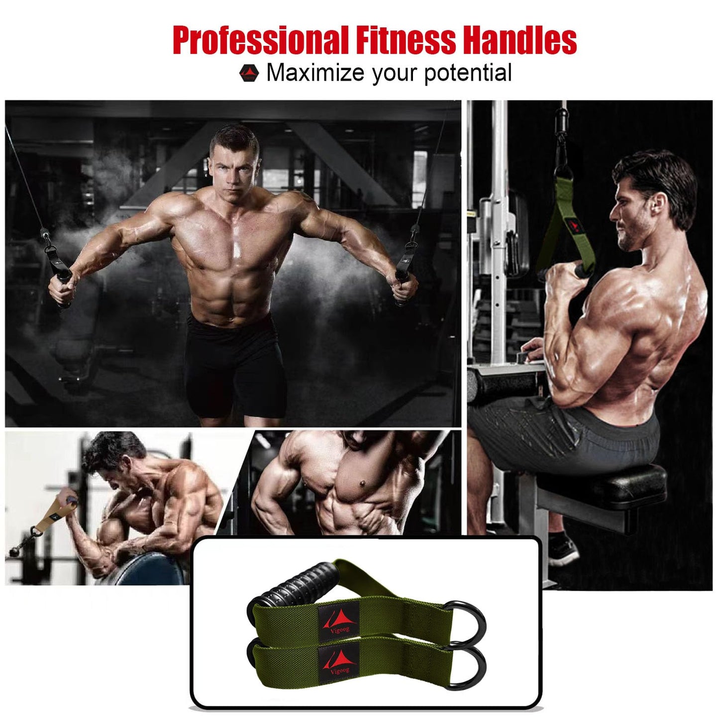 Vigoog Heavy Duty Exercise Handles, Ultra-Durable Rubber Workout Grip Attachments for Cable Machines, LAT Pulldown, Resistance Bands, Home Gym and Commercial Fitness Equipment (Military Green XR)