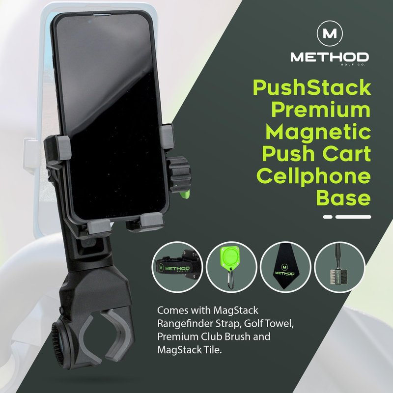 Method Golf PushStack Pro Pack- Magnetic Phone Holder for Golf Push Cart Plus Rangefinder Magnetic Strap, MagStack Microfiber Towel and Club Brush with MagStack Tile- Universal Fit for Most Phones