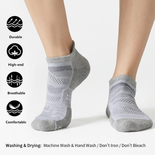 CS CELERSPORT 6 Pack Men's Running Ankle Socks with Cushion, Low Cut Athletic Sport Tab Socks, Light Grey, Shoe Size: 9-12