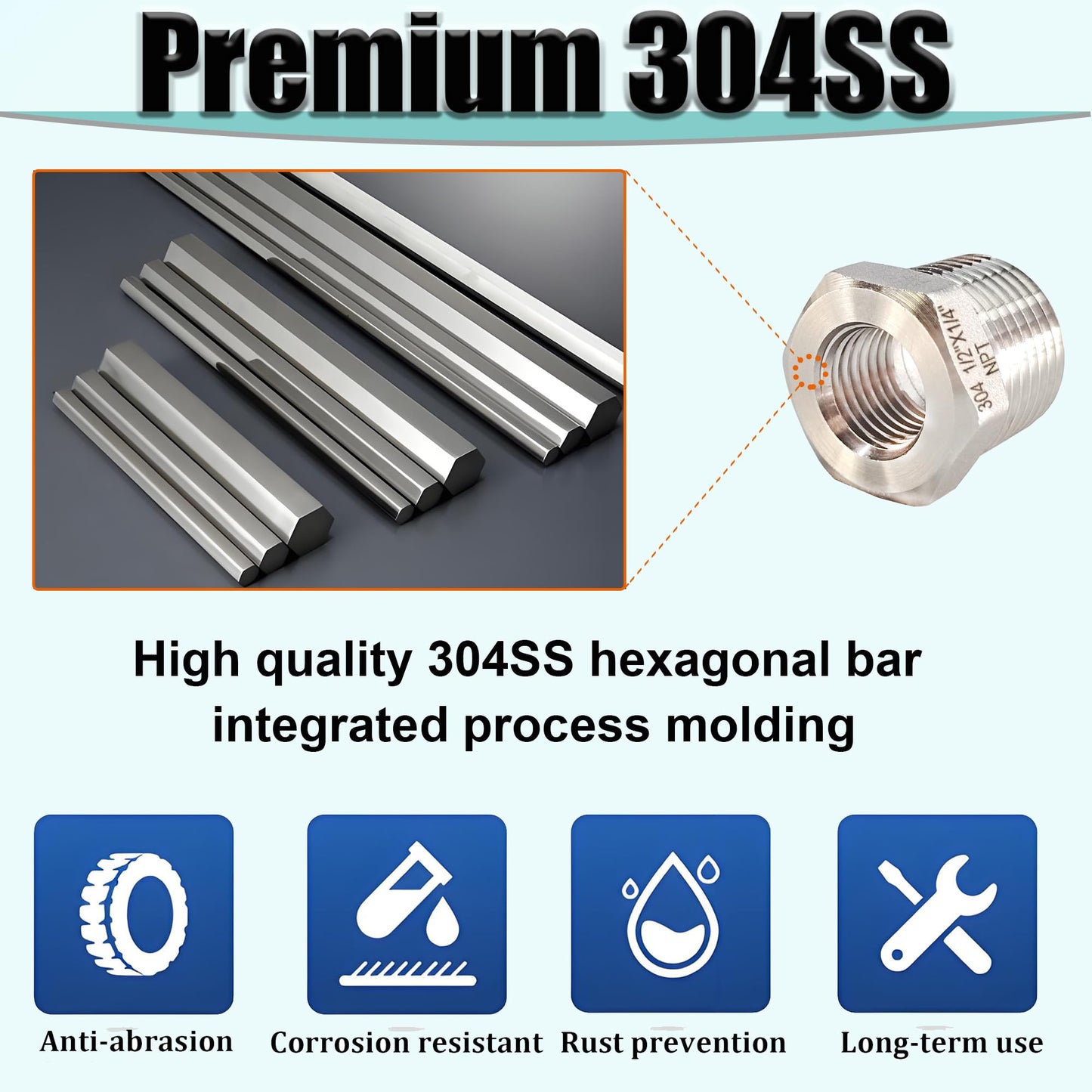 3/4" NPT Male to 1/2" NPT Female Hex Bushing Reducer, 304 Stainless Steel Reducing Adapter Pipe Fitting, Heavy Duty Pipe Hex Bushing for Reducing Pipe (3/4” MNPT x 1/2” FNPT)