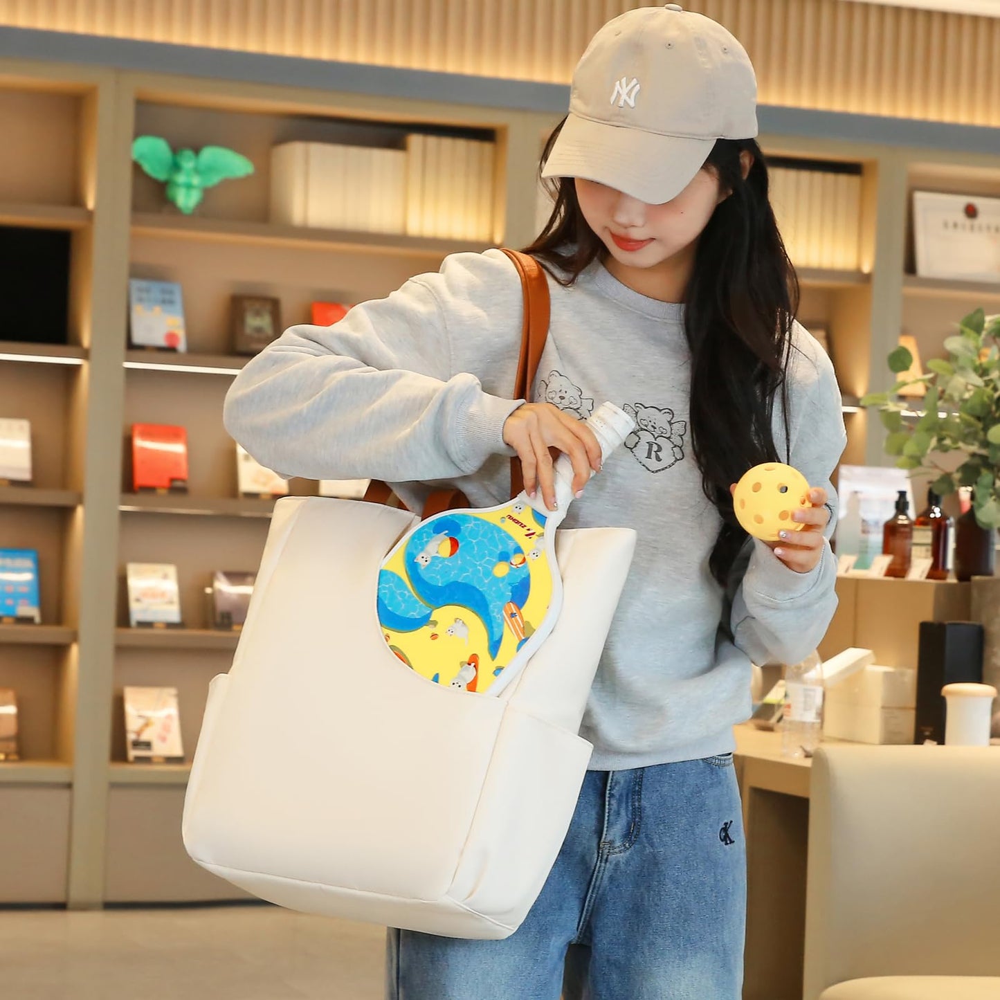 JIOWRT Pickleball Bags for Women and Men, Pickleball Gifts for Women Sling Backpack, Pickle Ball Tote Handbag with Pocket Cover Fits 2 Pickle Ball Paddles Essentials Accessories (Off White)
