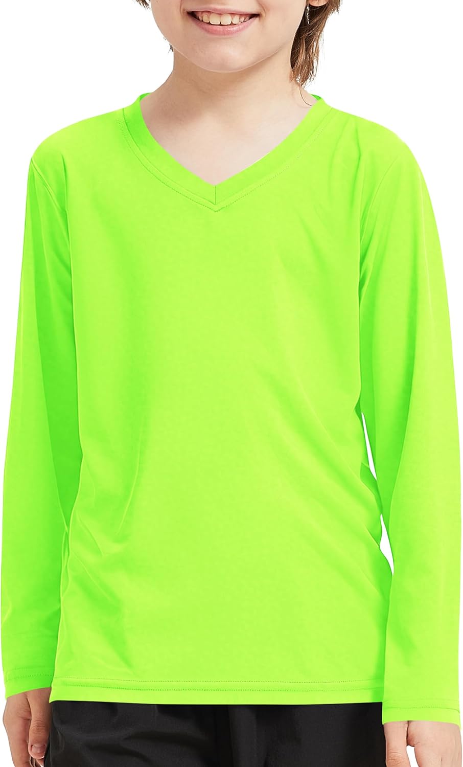 QBK Youth Neon Rash Guard - UPF 50+ V-Neck Dry Fit Long Sleeve Shirt for Kids