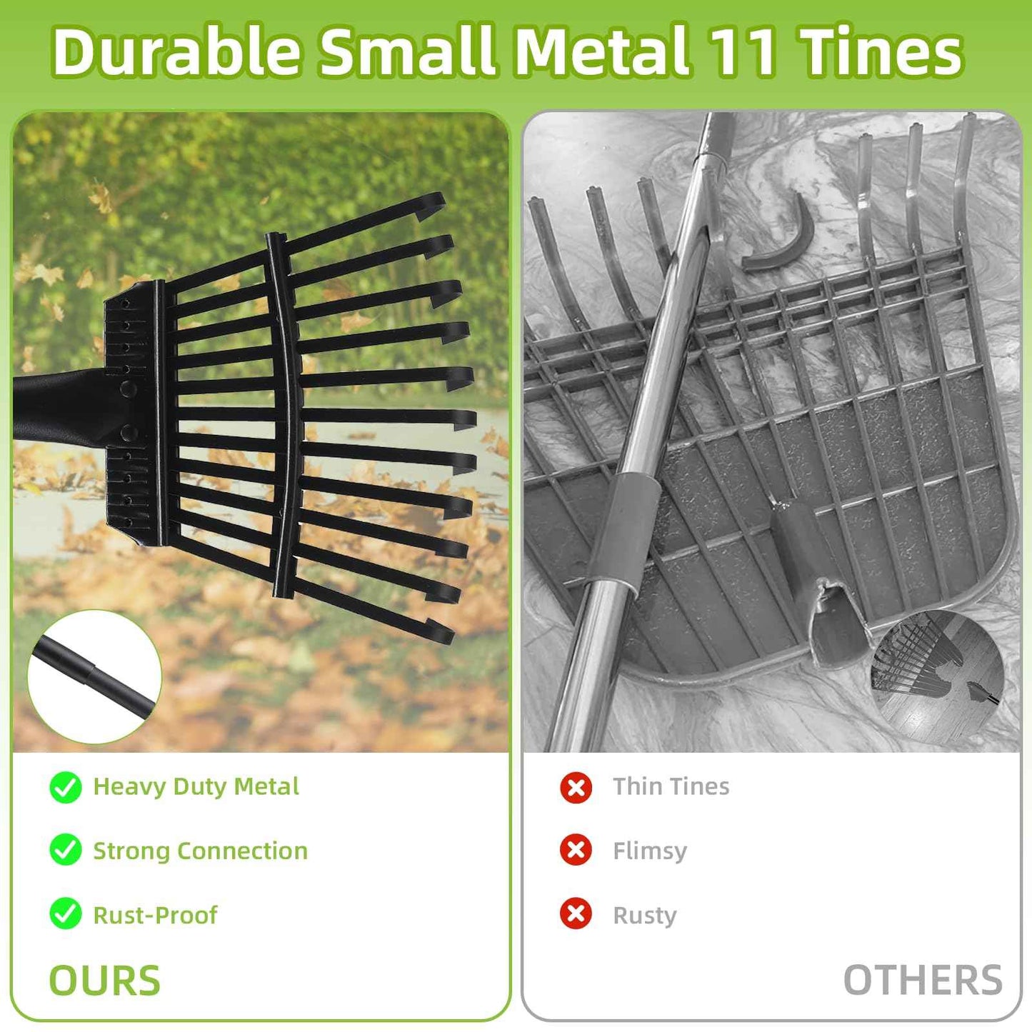 Small Rake for Gardening 63 Inch Adjustable Heavy Duty Garden Leaf Rakes Garden Tools 11 Metal Tines Small Garden Rake for Shrub Flower Bed Mulch Camping, Black