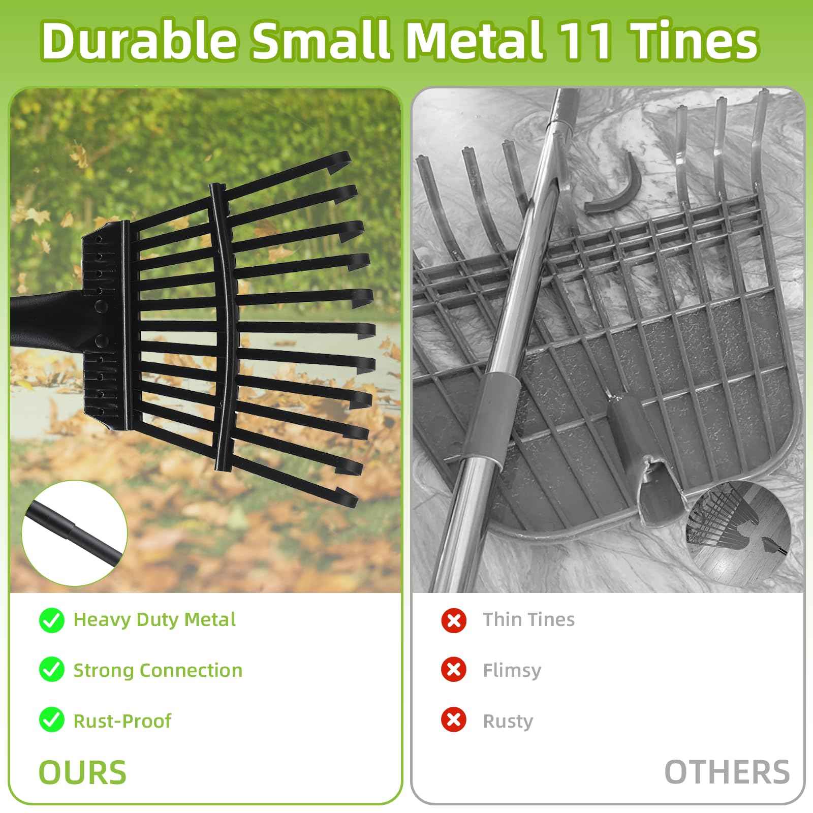 Small Rake for Gardening 63 Inch Adjustable Heavy Duty Garden Leaf Rakes Garden Tools 11 Metal Tines Small Garden Rake for Shrub Flower Bed Mulch Camping, Black