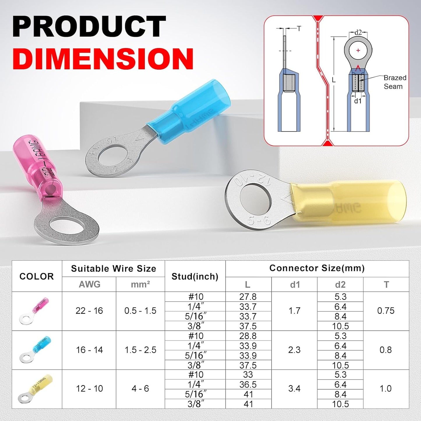 AIRIC Heat Shrink Ring Terminals Kit - Copper Connector Ends for 12/10 AWG Wires | 50 PCS, Yellow