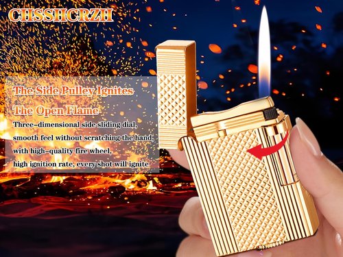 Classic Brushed Gas Lighters, Zinc Alloy Refilled Butane Lighter, Side Wheel Frosted Lighter, Adjustable Flame Flip Lighters, for Outdoor, Camping, Men's Gifts (Gold A)
