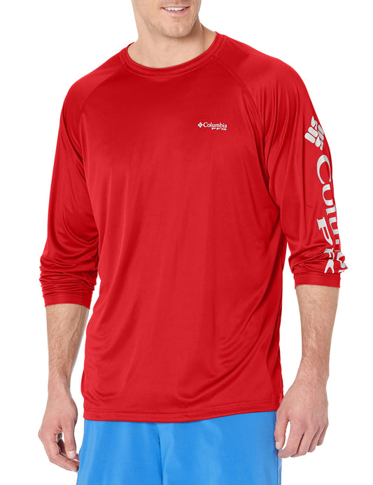 Columbia Men's PFG Terminal Tackle Long Sleeve Fishing Shirt, Red Spark/White Logo, Large Tall