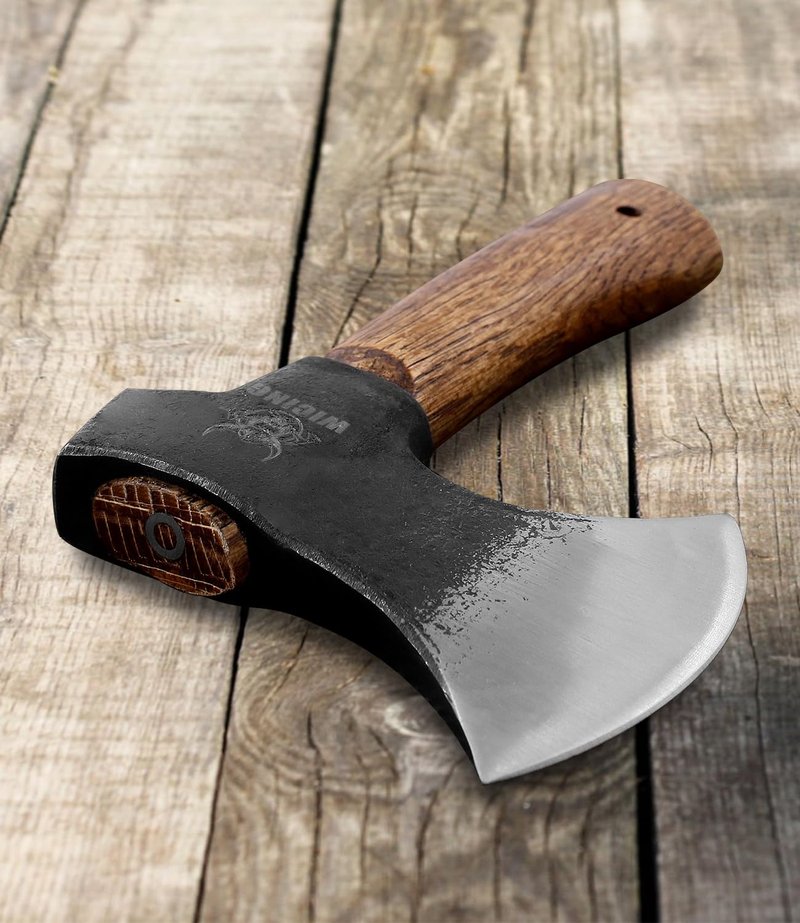WICING Hatchet, 8 Inches Small Hand Axe 1065 Manganese Steel and Beech Wood Handle with Leather Sheath