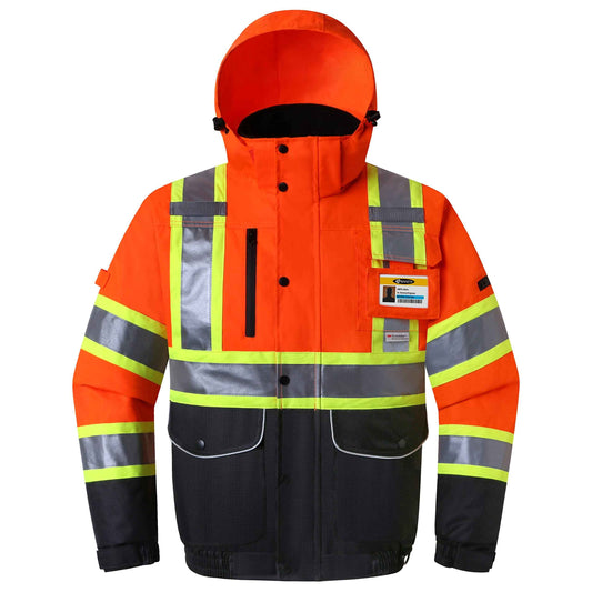 JKSafety 10 Pockets Hi-Vis Waterproof 3M Reflective Winter Bomber Jacket for Men Women | Secured Tablet Pocket | Detachable Hood and Retractable ID Pocket (118-Orange-Black, L)