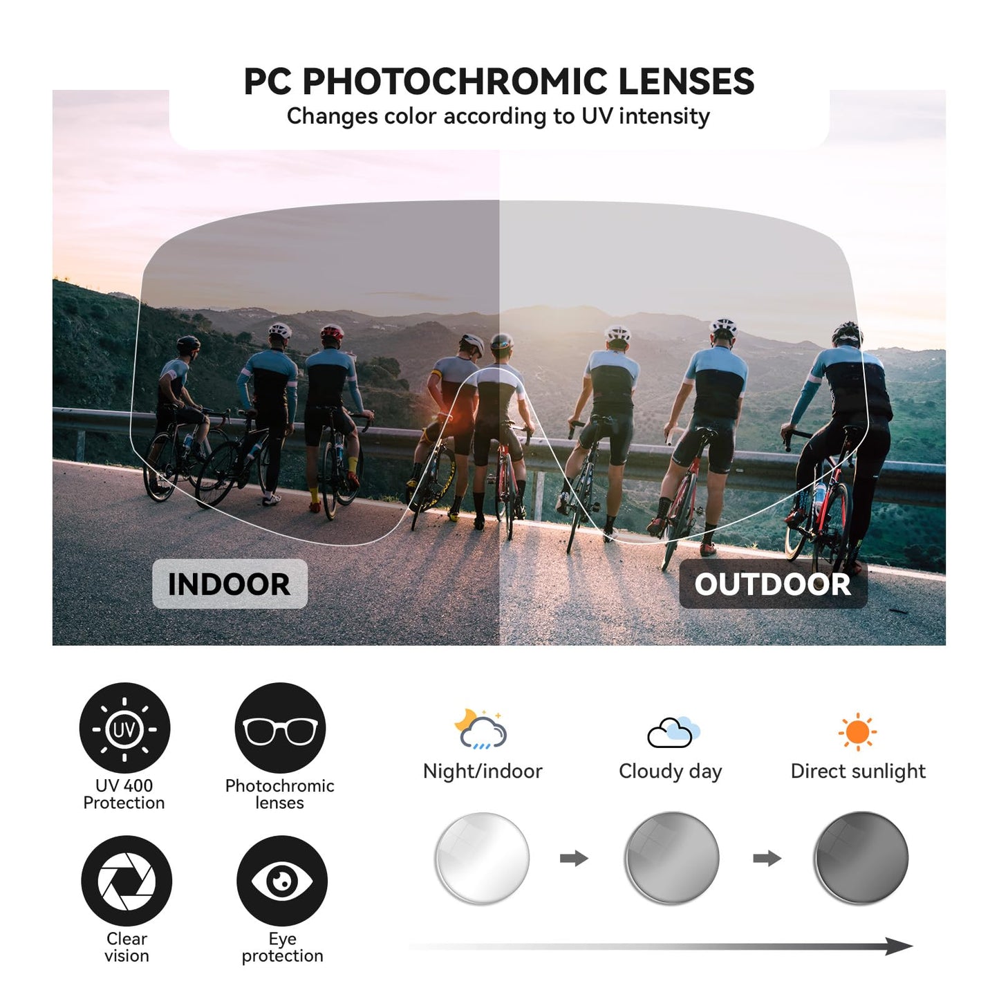 ROCKBROS Photochromic Cycling Glasses for Men Women Sports Glasses UV Protection