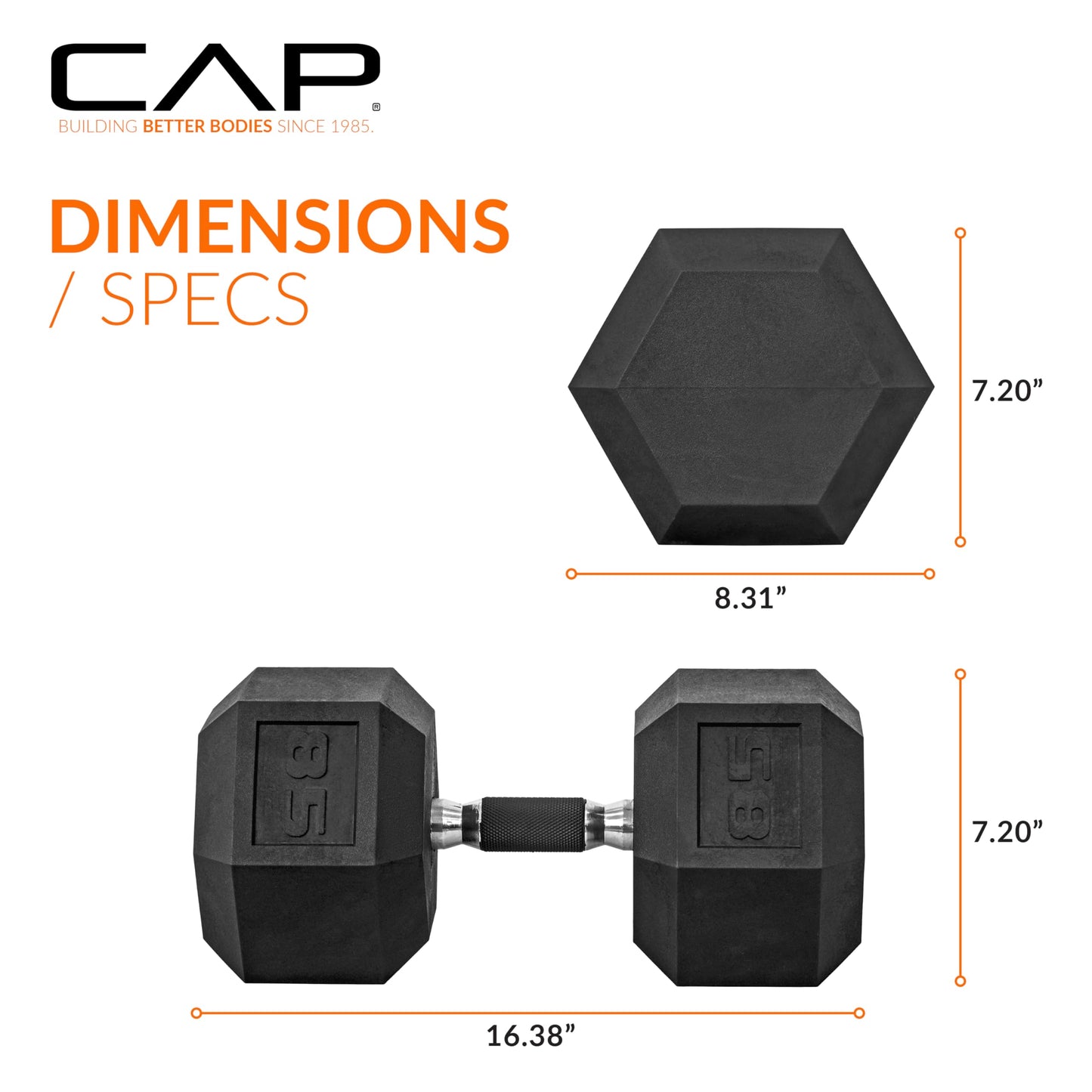 CAP 85 LB Rubber Coated Hex Dumbbell Weight, Rubber Free Weights for Home Gym Strength Training, Comfort Grip Handle, Single