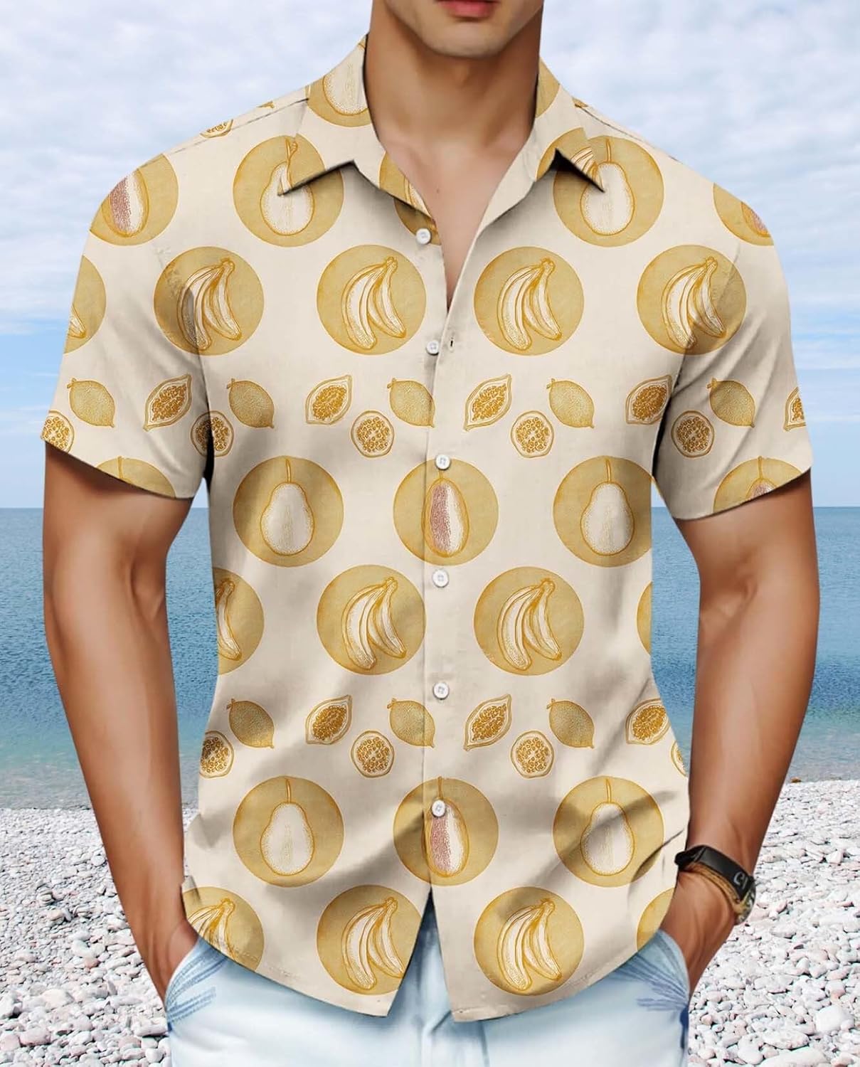 Skiennix Men's Hawaiian Shirt - Unique Fruit Print for Summer Vacation | Tropical Button-Up Tee