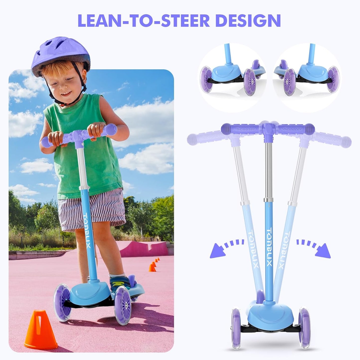 TONBUX Kids Scooter - Adjustable 4-Level Height, Light-Up Wheels | 3-Wheel Design for Ages 3-8
