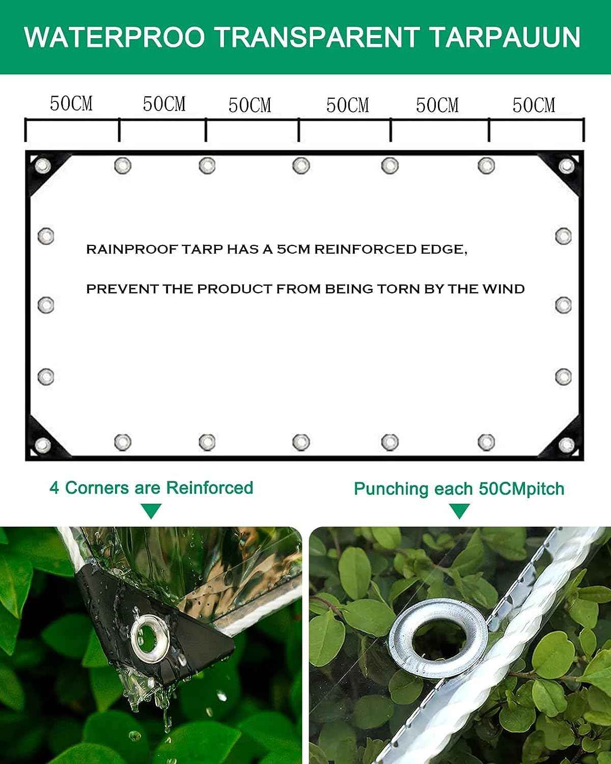 Clear Tarp 6' x 16' PVC 14 Mil Clear Tarps Heavy Duty Waterproof, 400g/m² Clear Tarps Vinyl with Grommets for Camping, Plants Greenhouse, Cars, Patio and Pavilion