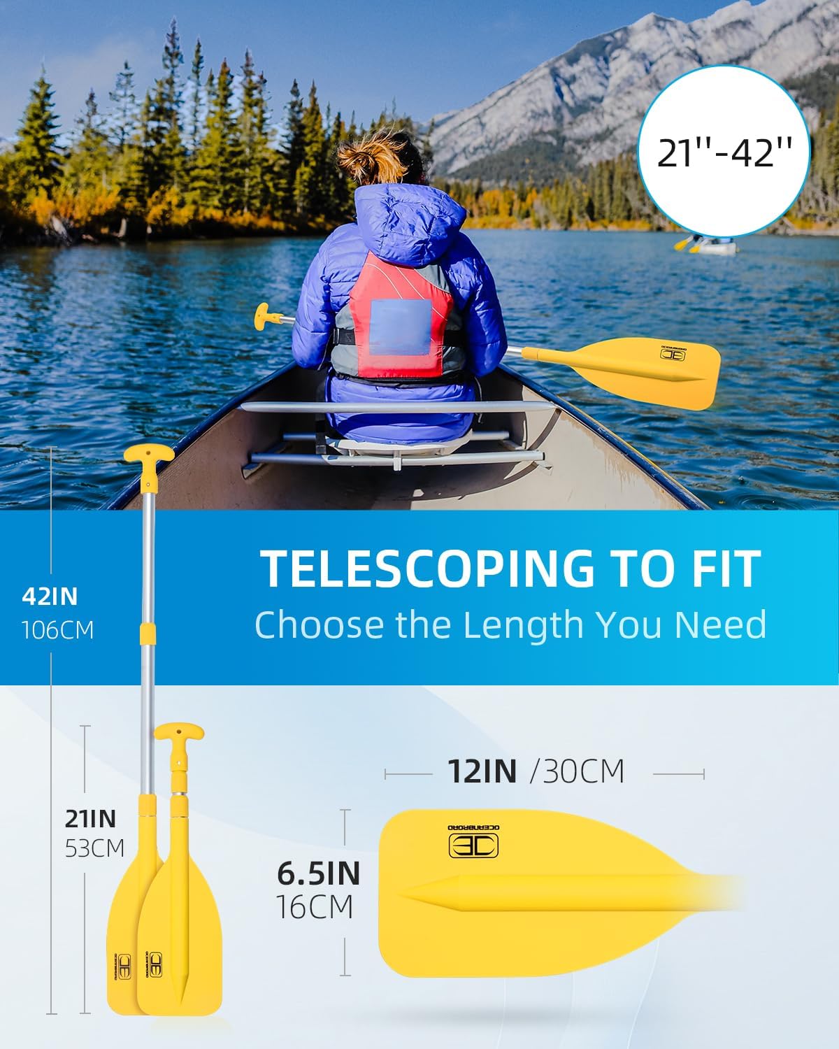 OCEANBROAD Telescoping Emergency Paddle - Adjustable 21'' to 42'' | Lightweight Aluminium for Kayaking & Canoeing