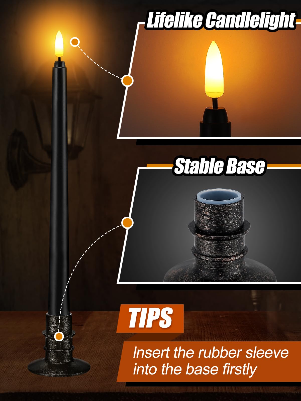 Black Halloween Flameless Candles with Timer & Bases - 6 Pack 13" LED Flickering Taper Candlesticks Battery Operated, Smokeless Dripless for Fireplace Table School Bar Halloween Decor