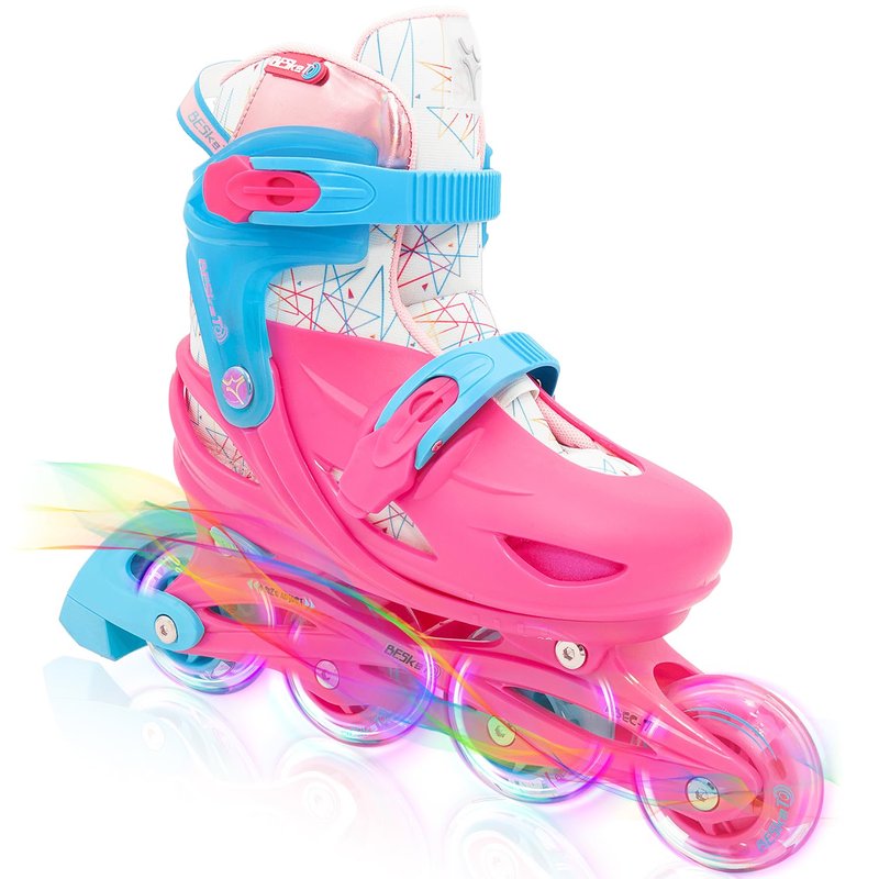 Besketo Light up Inline Skates for Girls, 4 Size Adjustable Roller Shoes with Full Illuminating Wheels for Kids, Hard Shell Roller Skates for Beginner Children Youth & Adult Women - S J9-J12 US