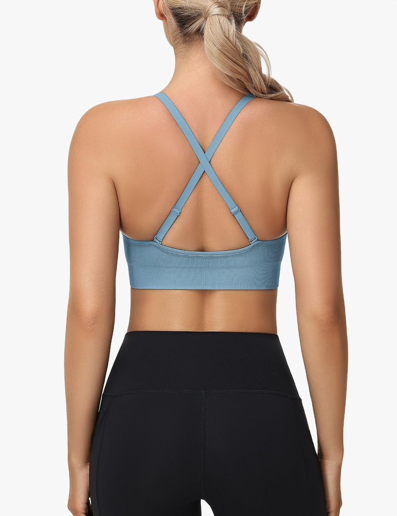 WANAYOU Sports Bras for Women, V Neck Adjustable Spaghetti Strap Criss Cross Sports Bra Padded Low Impact Wireless Seamless Sexy Bralettes for Athletic 3 Pack Black White Blue Large