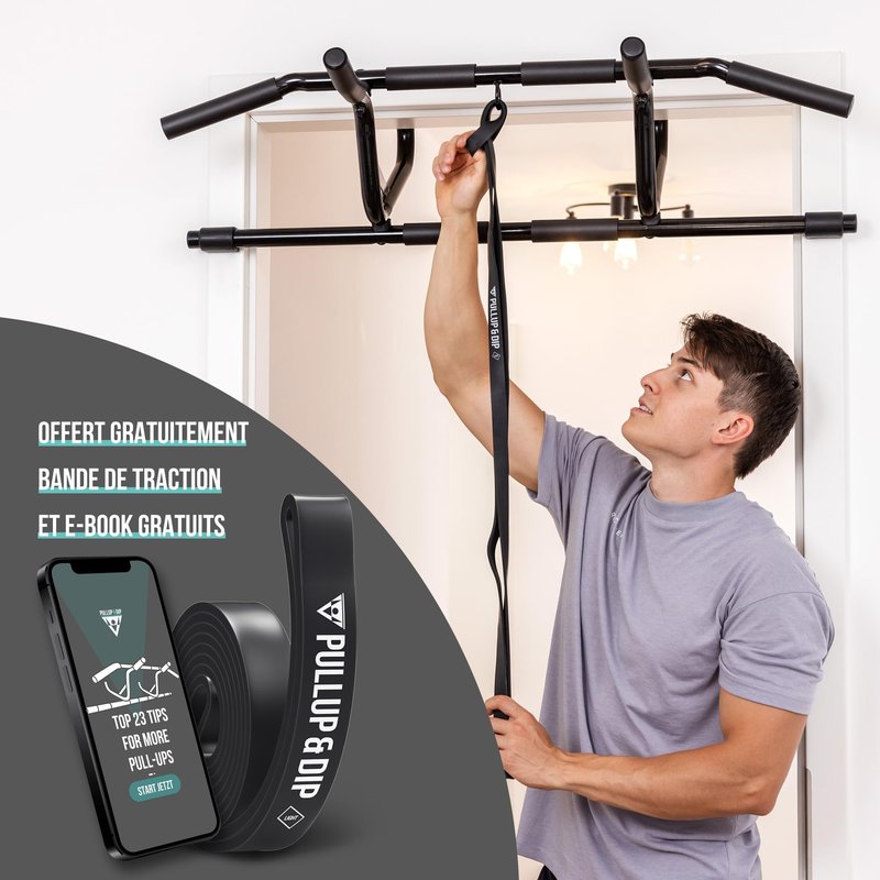 PULLUP & DIP Doorway Pull-Up Bar Without Screwing And No Slipping, Professional Door Frame Chin-Up Bar With Pull-Up Band, Padded Handles + eBook, Up To 240 lbs