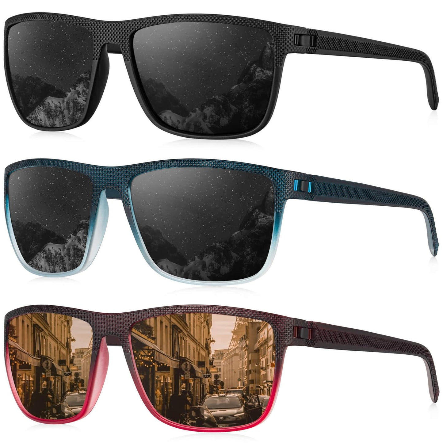 KALIYADI Polarized Sunglasses Men, Lightweight Mens Sunglasses Polarized UV Protection Driving Fishing Golf (Black/Gradient Wine Red & Brown/Gradient Blue & Black)