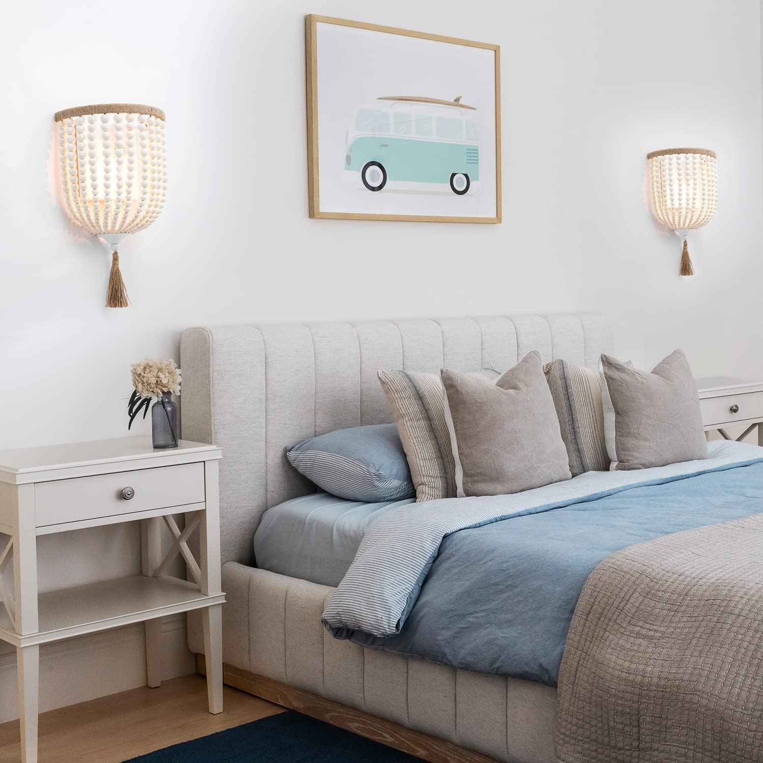 VILUXY Bohemia Wood Beaded Wall Sconces Bedside Antique Rustic Wall Sconce Lighting Fixture White Finishing for Bedroom, Hallway, Entryway, Passway, Bathroom, Vanity 2 Pack