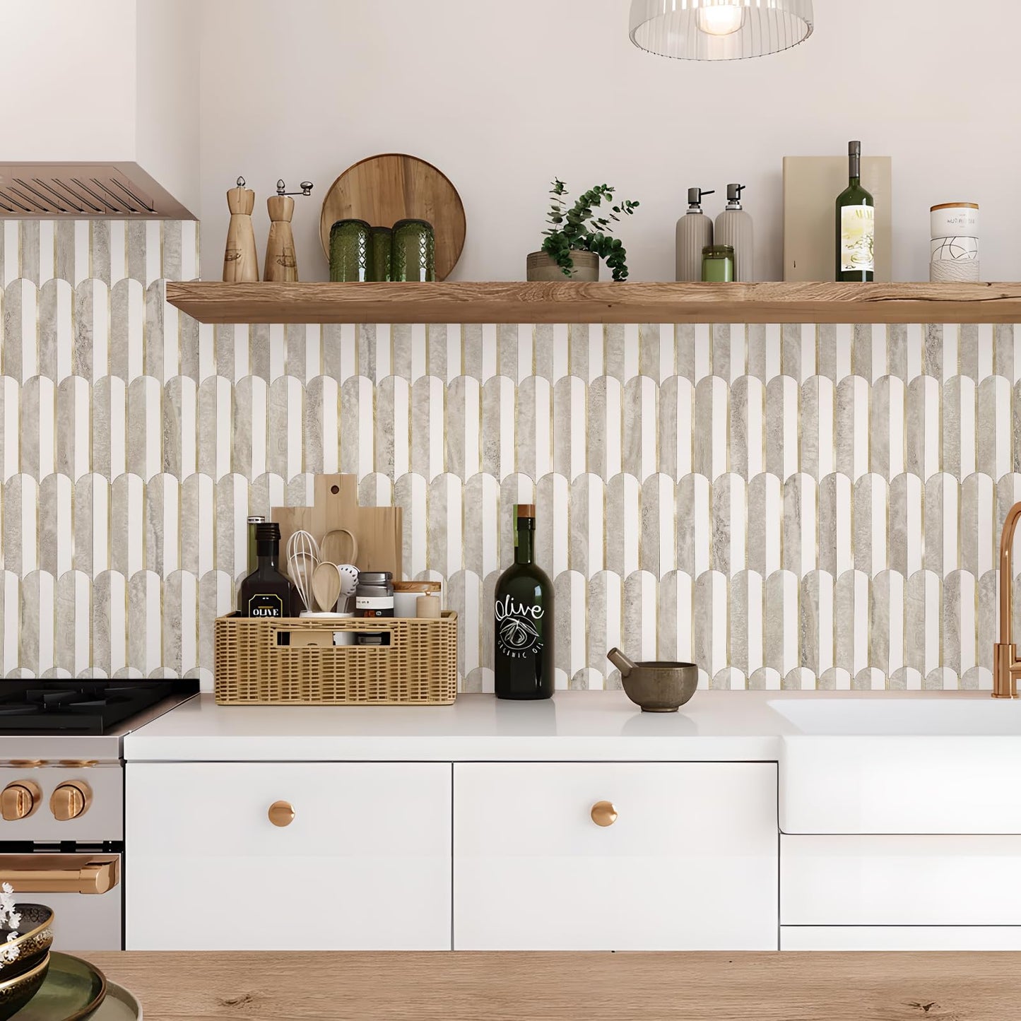 Vamos Tile Peel and Stick Backsplash Seamless Tile,1-Sheet Stick on Backsplash for Kitchen and Bathroom,White and Beige Slate PVC Mixed Metal Gold Self Adhesive Mosaic Tiles