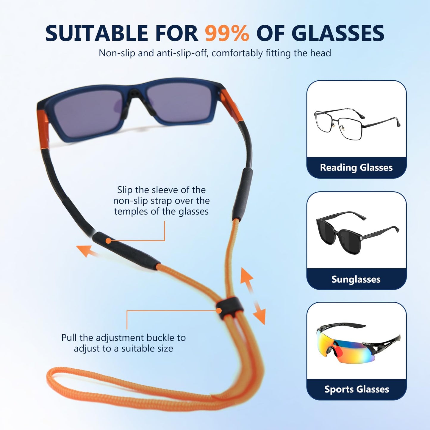 80Days Adjustable Eyeglass Strap: Nylon Retainer for Glasses and Sunglasses with Silicone Grips, Secure Fit